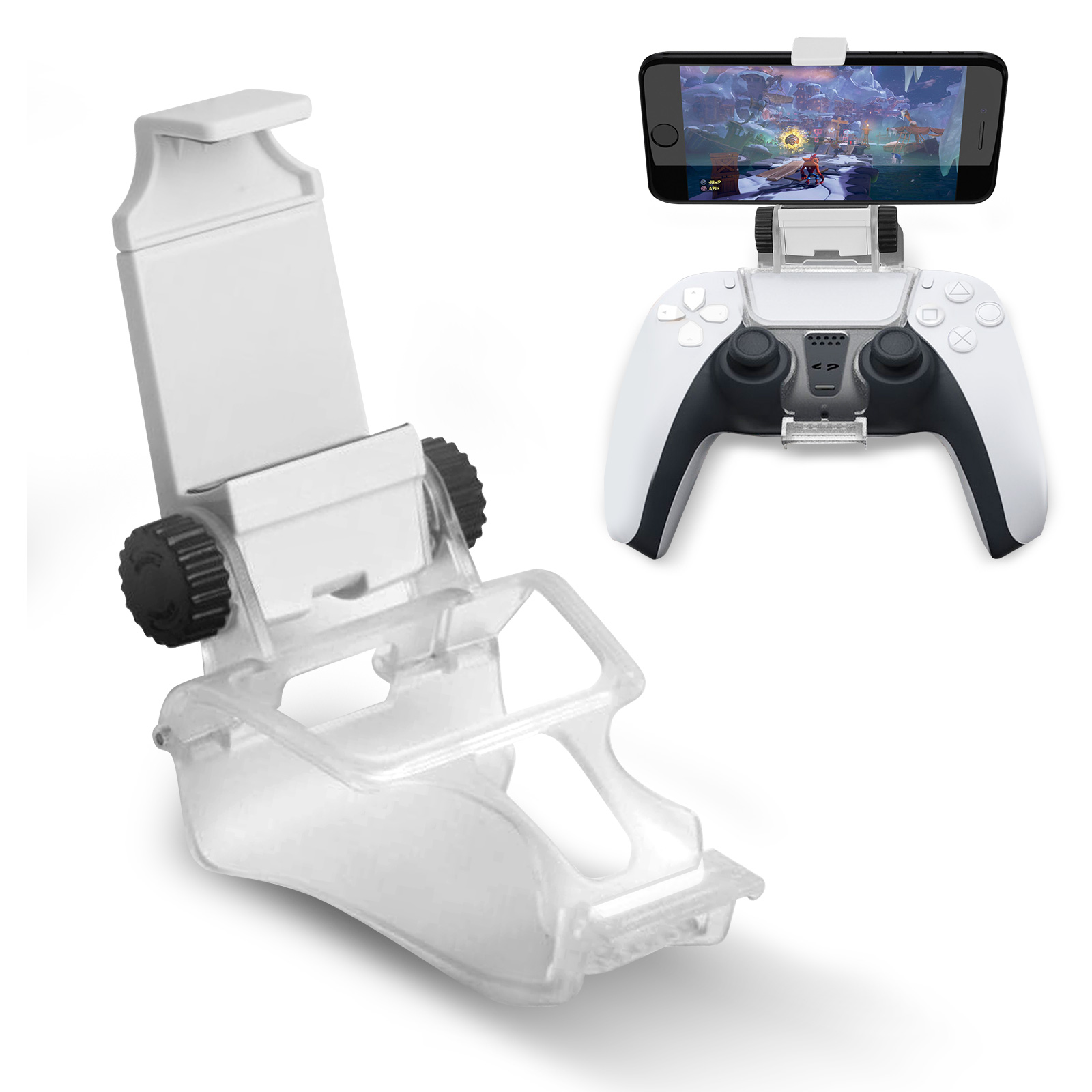 Soporte de teléfono blanco con controlador negro adjunto, teléfono con juego.