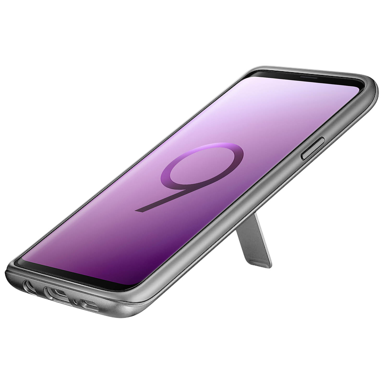 Ein silbernes Telefon mit lila Bildschirm, Ständer und grauem Gehäuse. Der Bildschirm zeigt die Zahl 9.