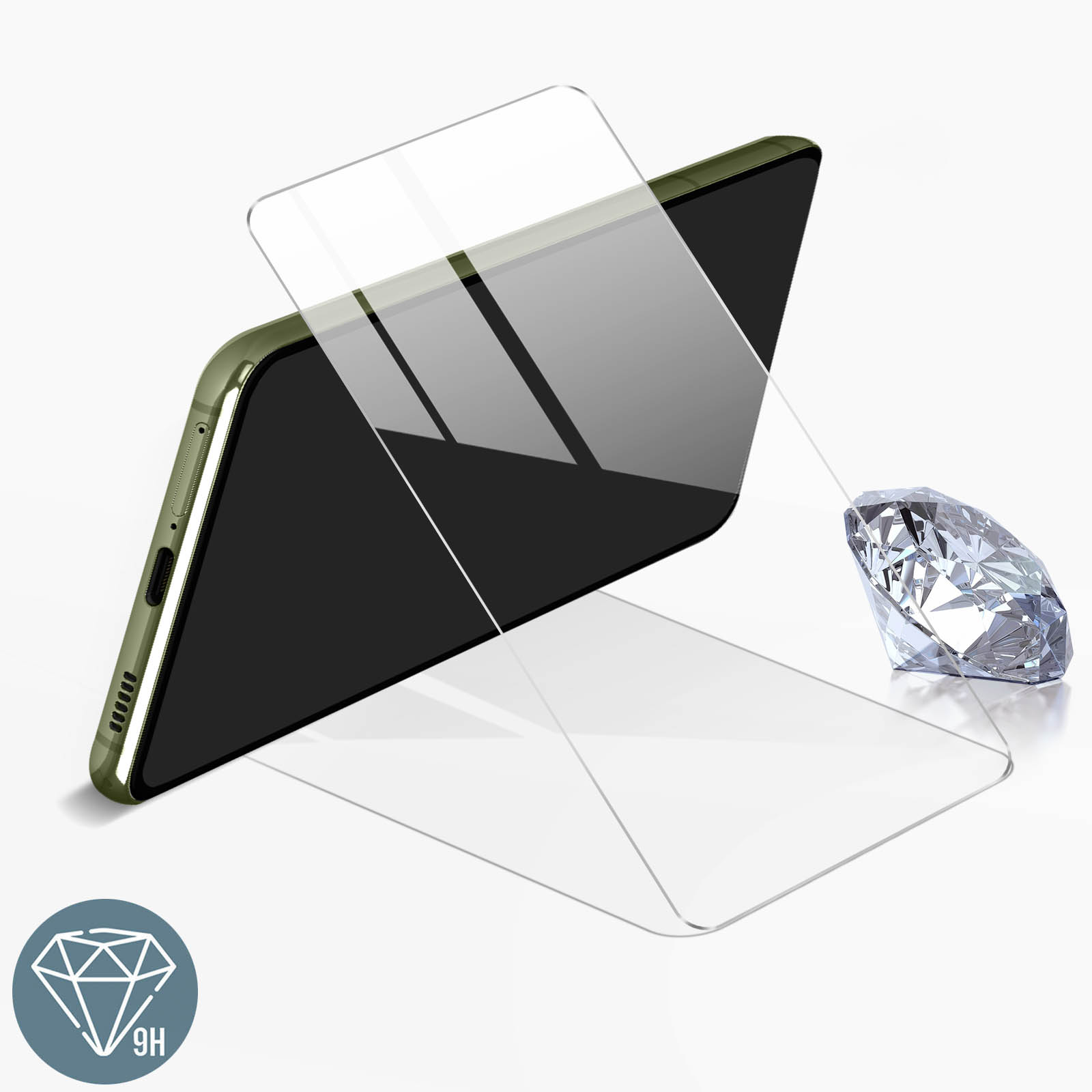 Un téléphone avec un protecteur d'écran et un diamant à côté.