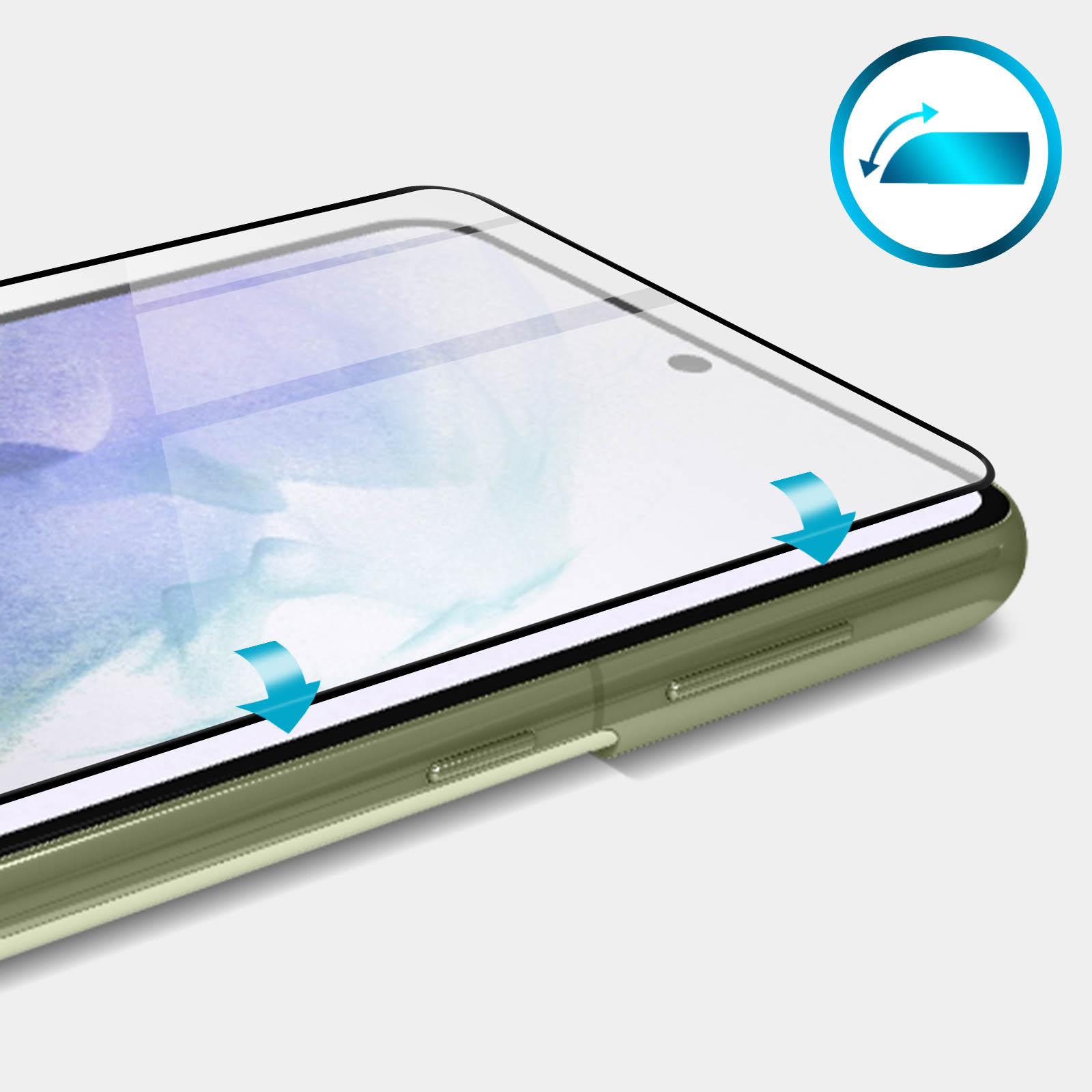 Una protezione per lo schermo del telefono applicata a un telefono, le frecce indicano la direzione di applicazione.