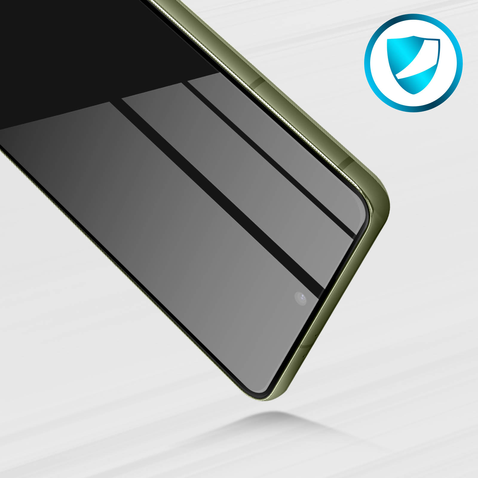 Primo piano di un telefono con cornice verde e un'icona blu a scudo nell'angolo.