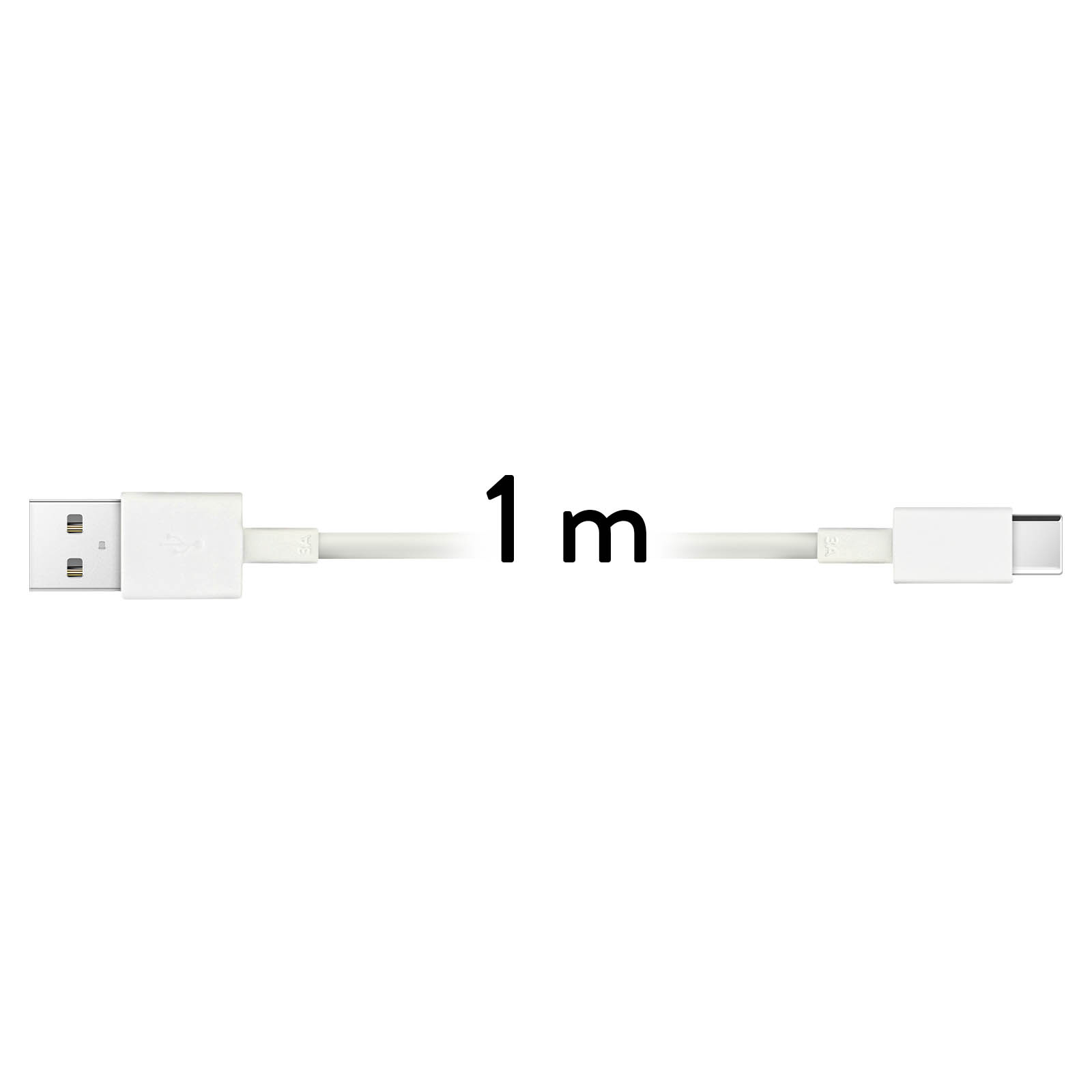 Biały kabel USB ze złączami USB-A i USB-C. Tekst '1 m' znajduje się między złączami.