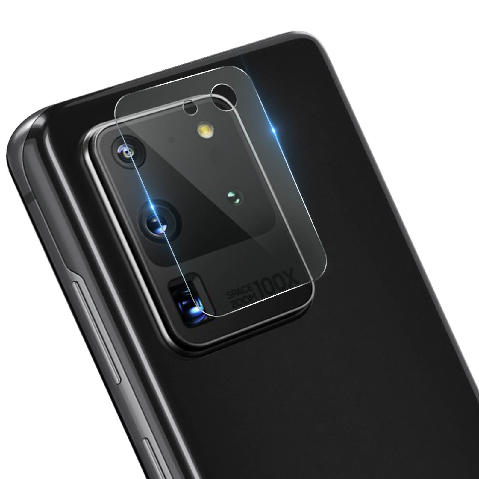 Uno smartphone nero con protezione della fotocamera. La fotocamera ha più lenti. Una luce intensa si riflette sullo schermo.