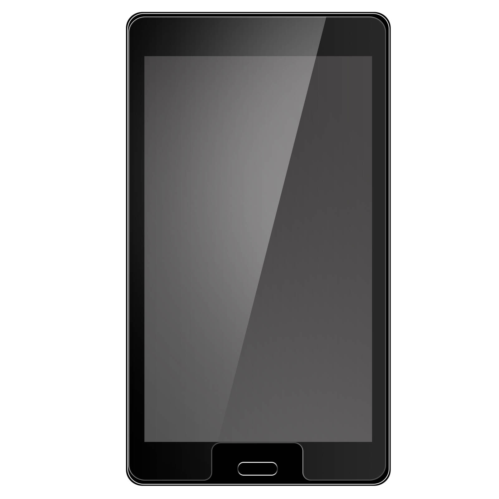 Tablet nero. Lo schermo è spento, mostrando una superficie lucida. Sfondo bianco.