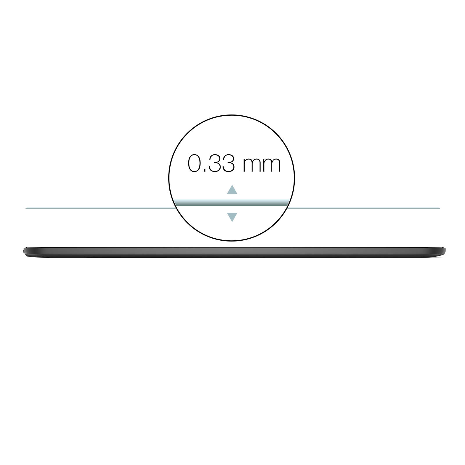 Un cerchio con 0,33 mm e due frecce che puntano a una sottile linea nera.