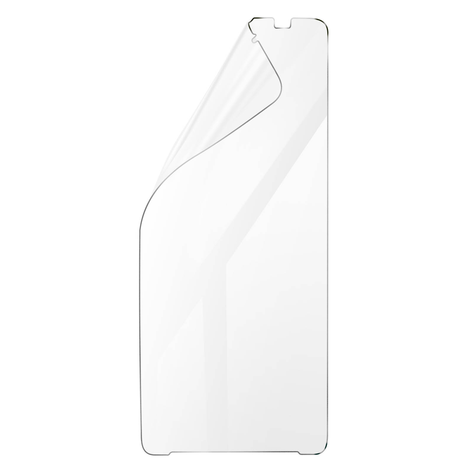 Un écran protecteur pour téléphone, avec un coin décollé, sur fond blanc.