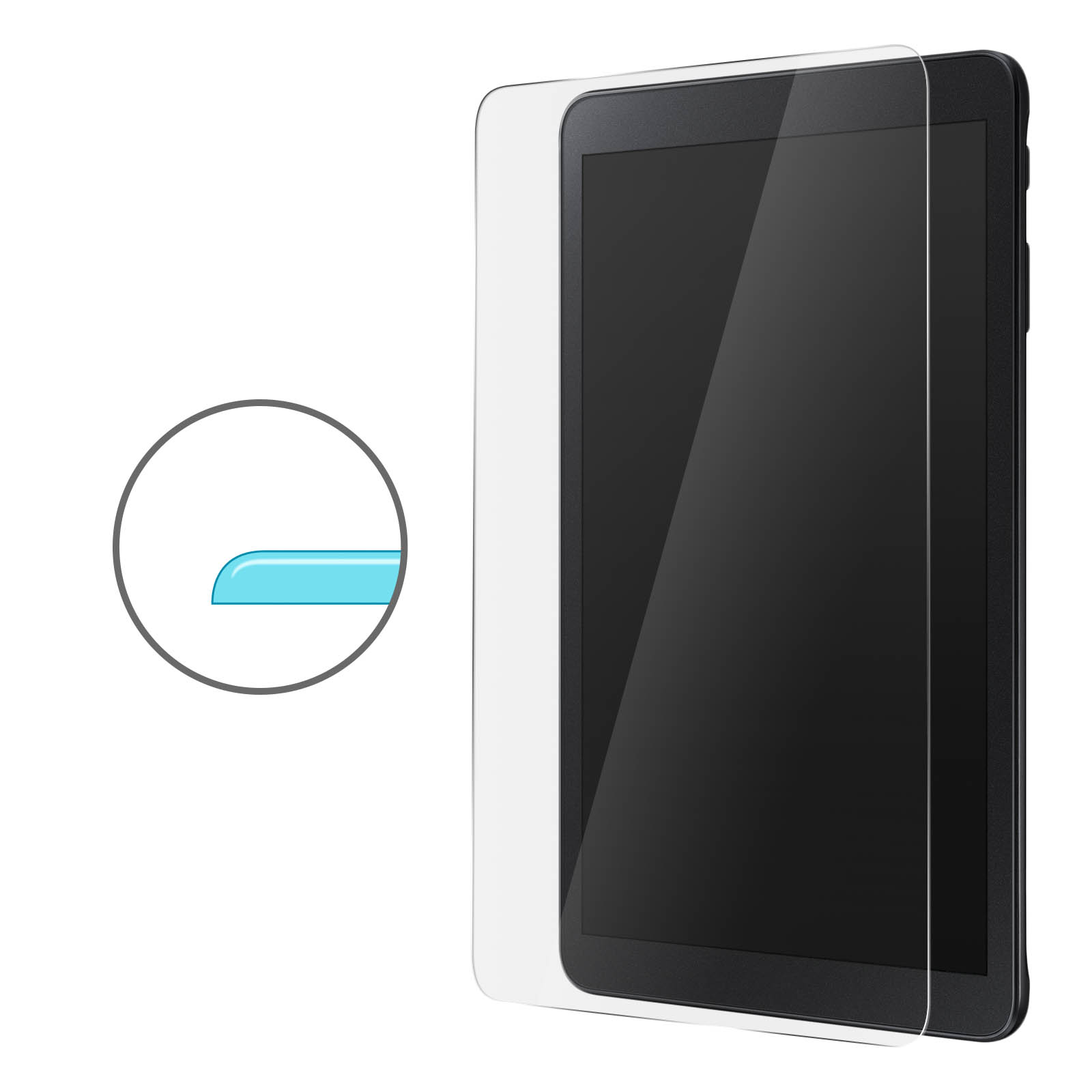 Un tablet con un proteggi schermo applicato. Un piccolo cerchio mostra un dettaglio.