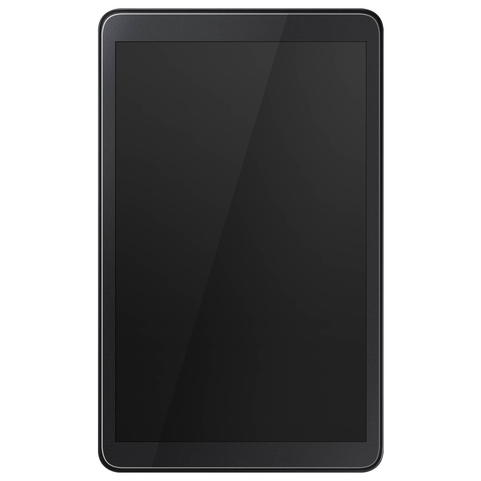 Un tablet nero con bordo nero, lo schermo è spento, lo sfondo è bianco.