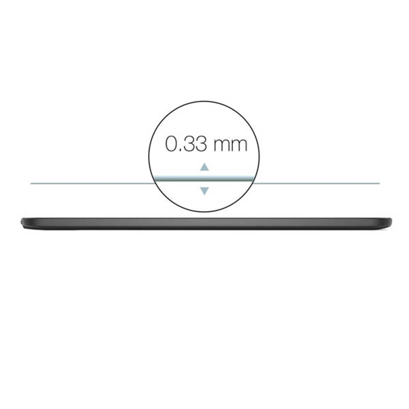 Un oggetto nero, sottile e rettangolare. Un cerchio mostra uno spessore di 0,33 mm.
