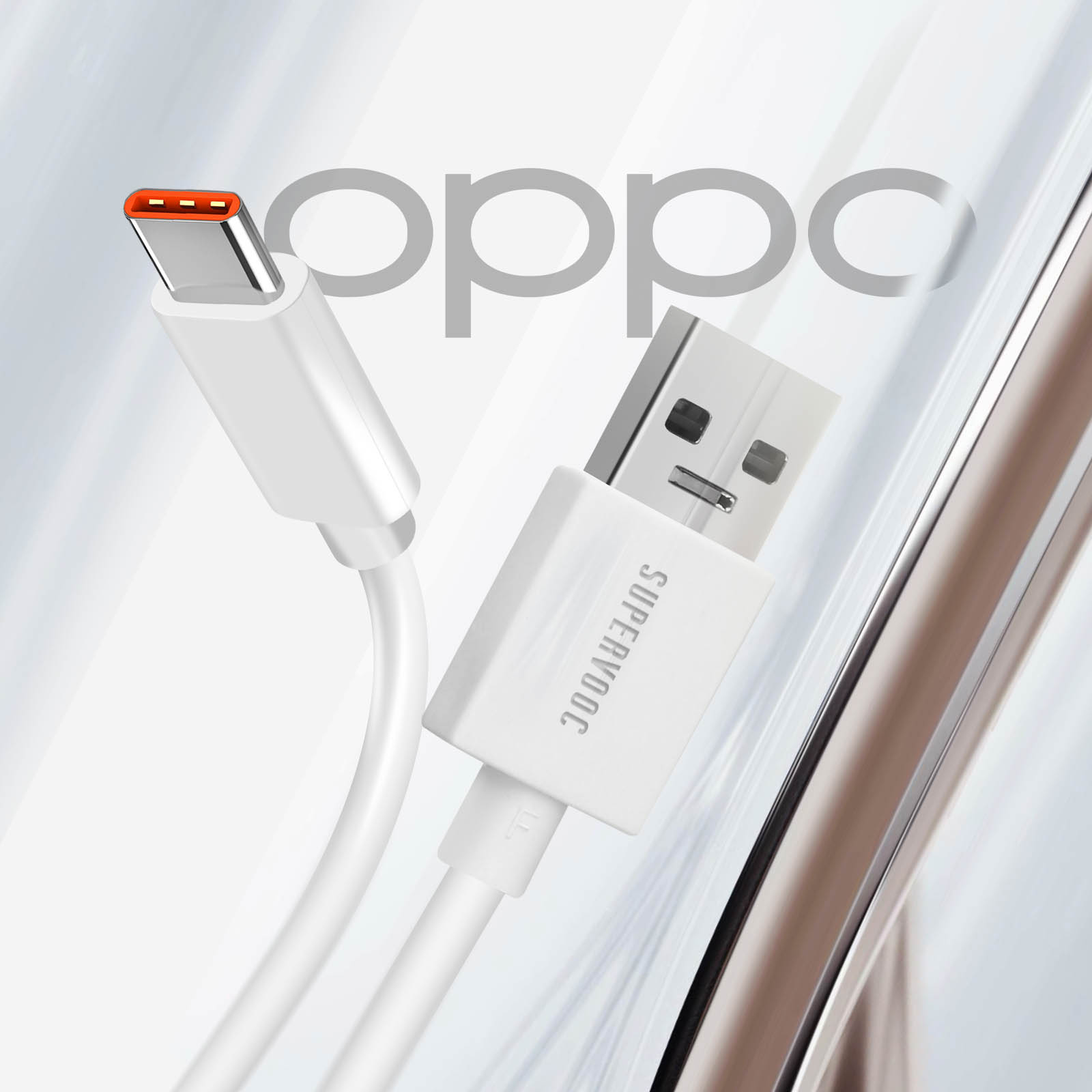 Weißes USB-Kabel mit USB-C-Ende. Das Wort 'SUPERVOOC' ist auf dem USB-Kopf aufgedruckt.