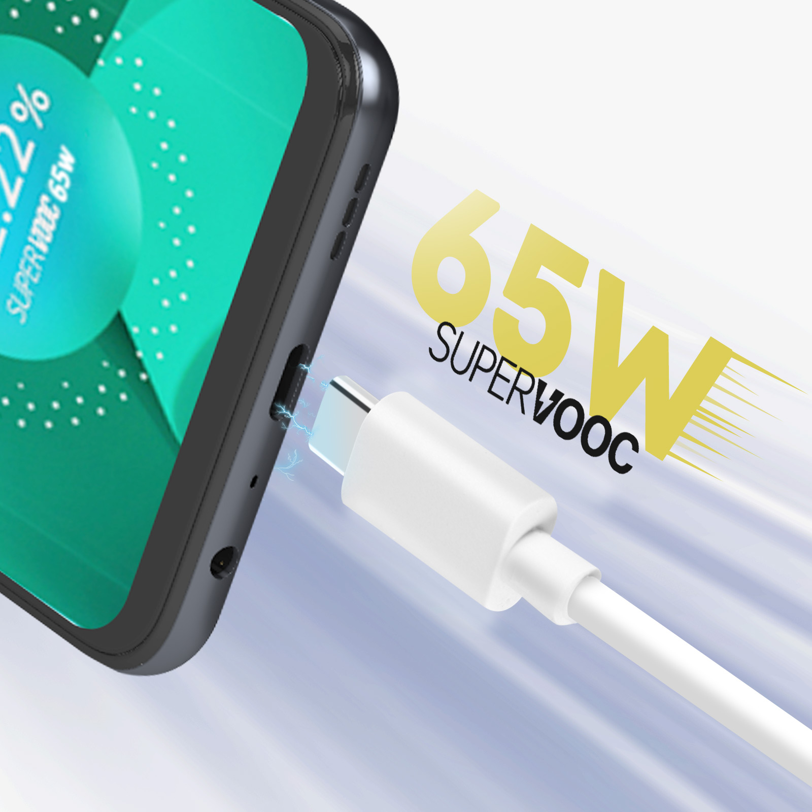 Telefon lädt. Weißes Kabel am Telefon, 65W Leistungsanzeige.