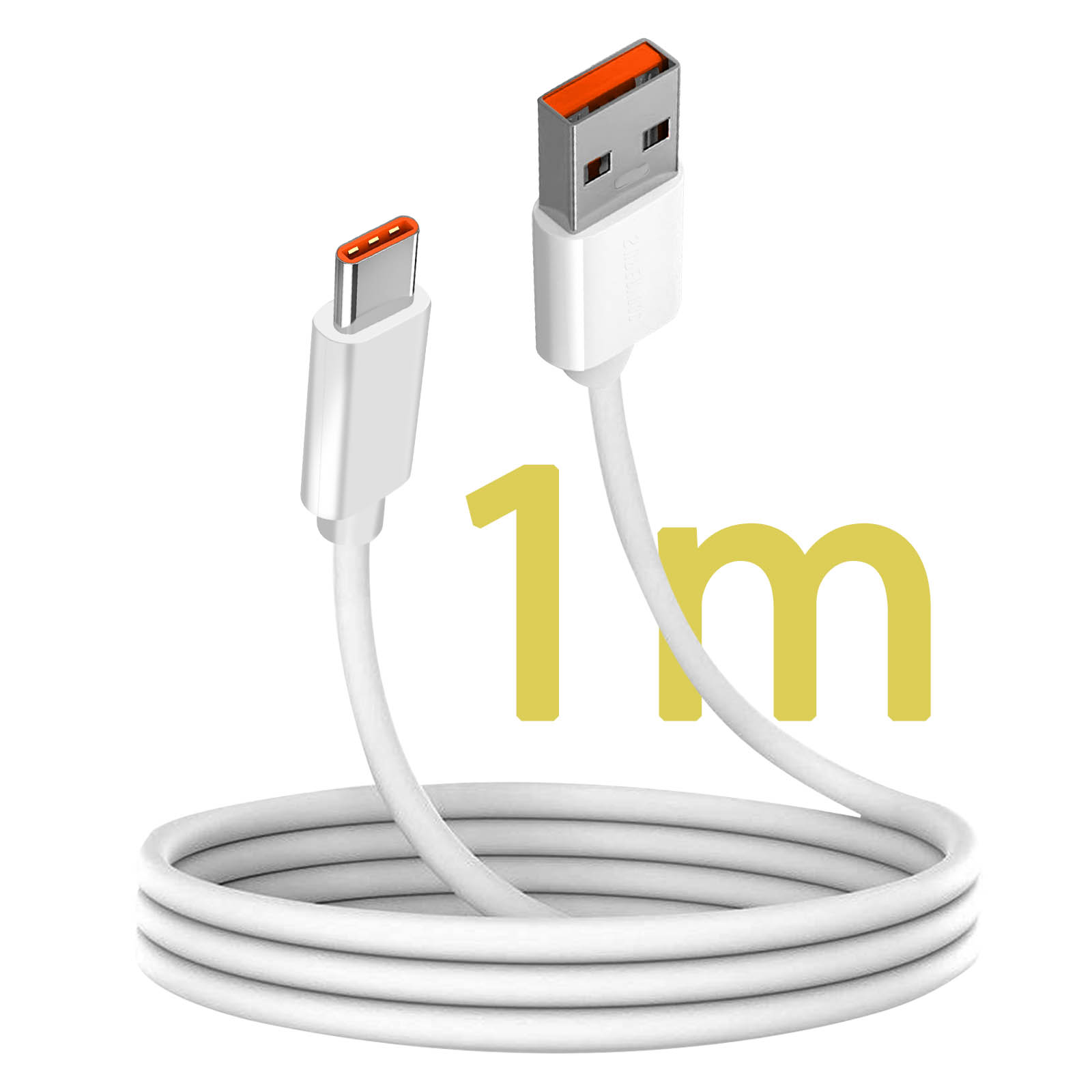 Ein weißes USB-Kabel mit USB-A- und USB-C-Anschlüssen und einem 1m-Etikett.