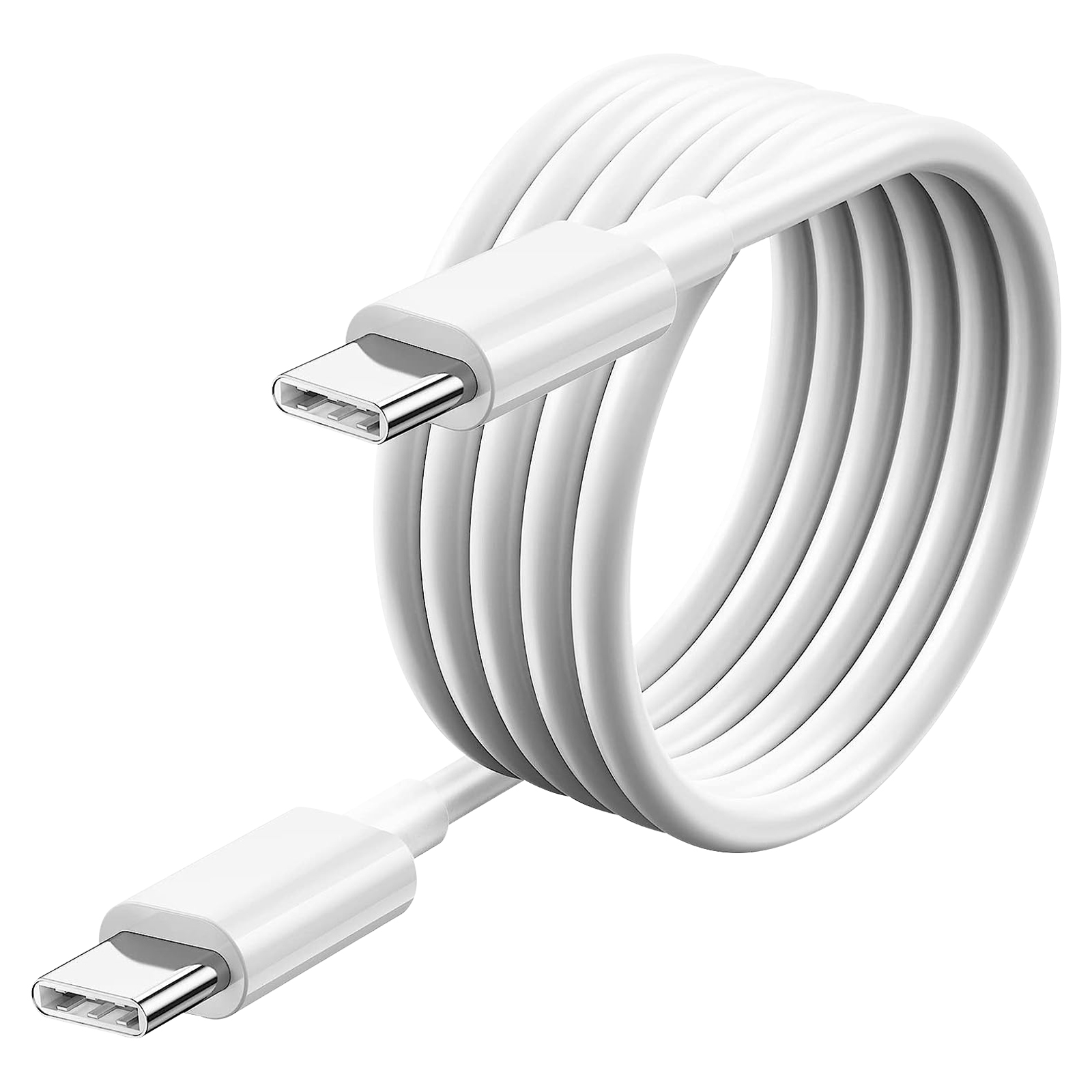 Ein weißes USB-C-Kabel aufgerollt. Zwei USB-C-Anschlüsse sind sichtbar.