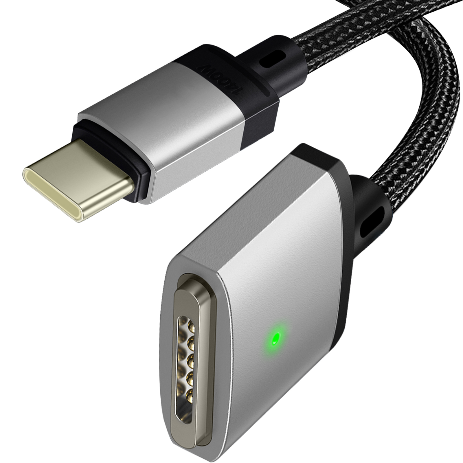 Un cavo di ricarica USB-C magnetico con un connettore argento e nero.
