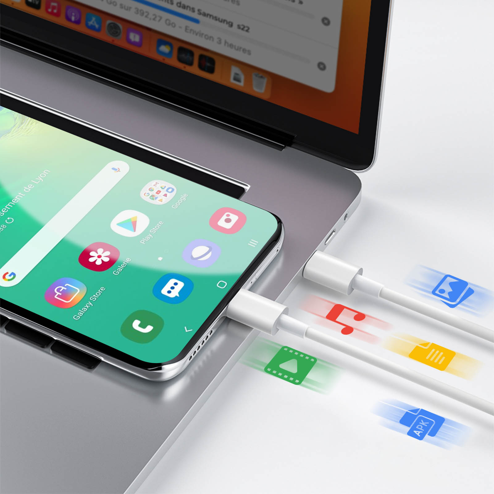 Ein Smartphone ist mit einem Laptop verbunden. Mehrere farbige Kabel und Icons sind sichtbar.
