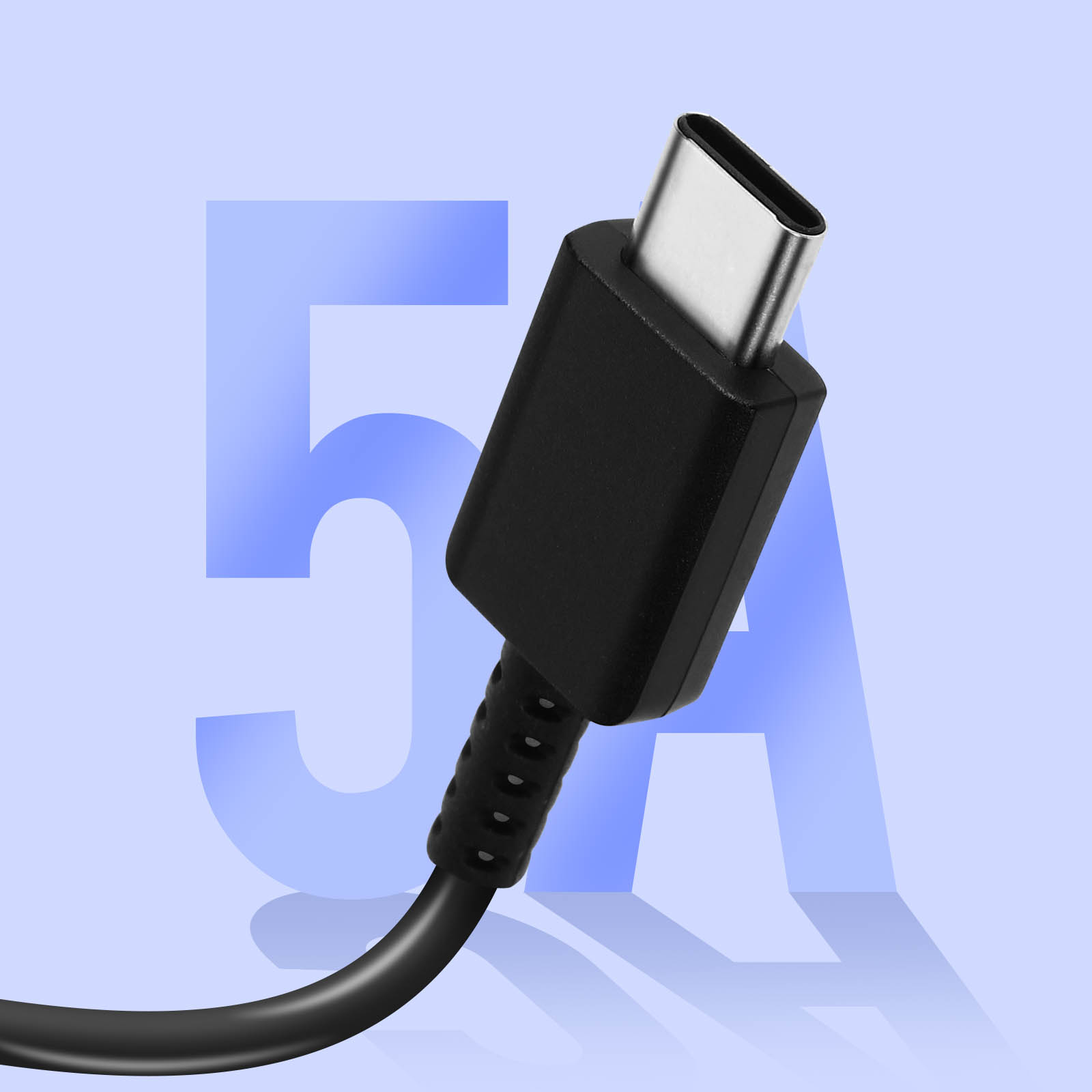 Connettore USB-C nero con una grande grafica '5A' su sfondo blu.