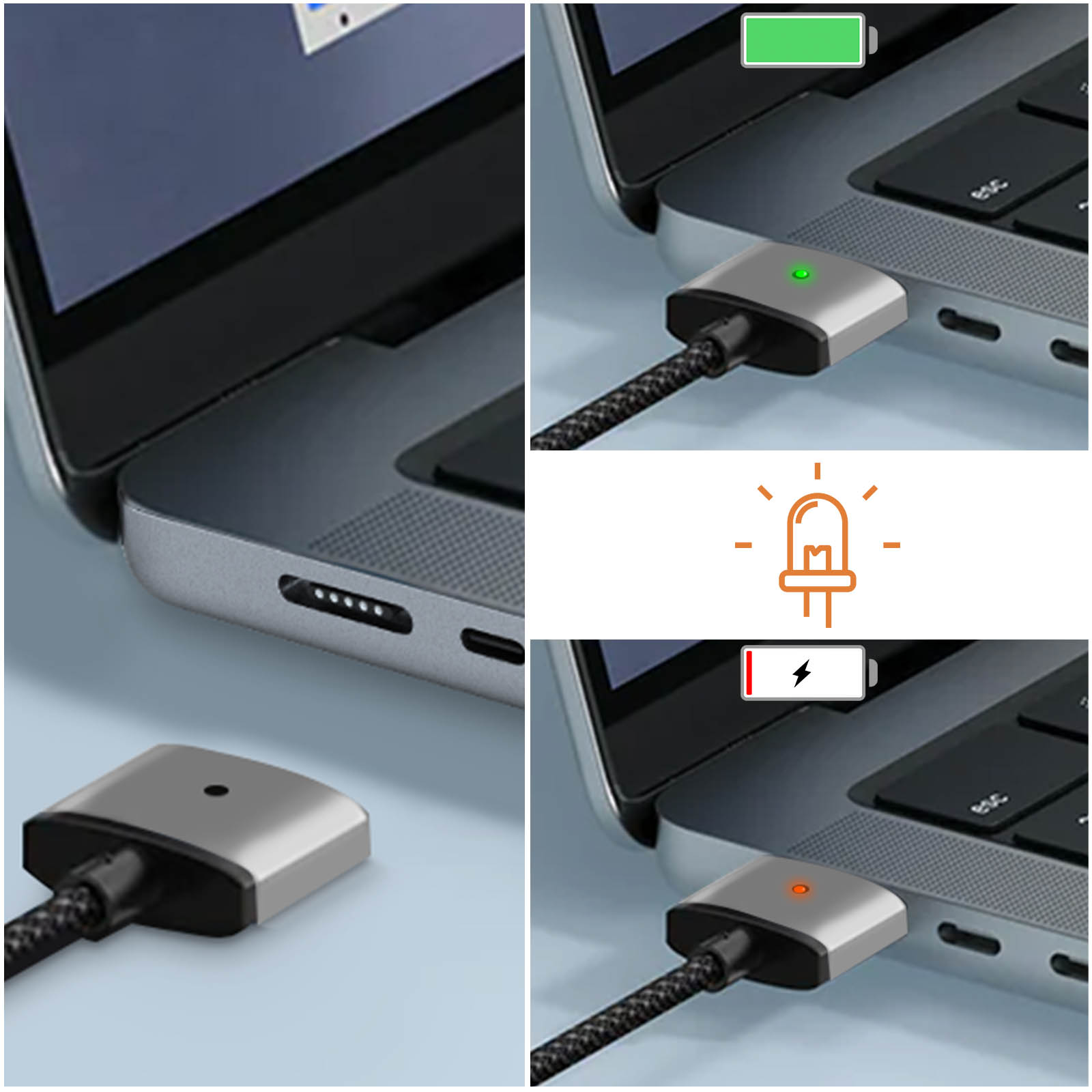 Laptop in carica: luce verde accesa, cavo nero, adattatore argento. La luce rossa indica la carica.