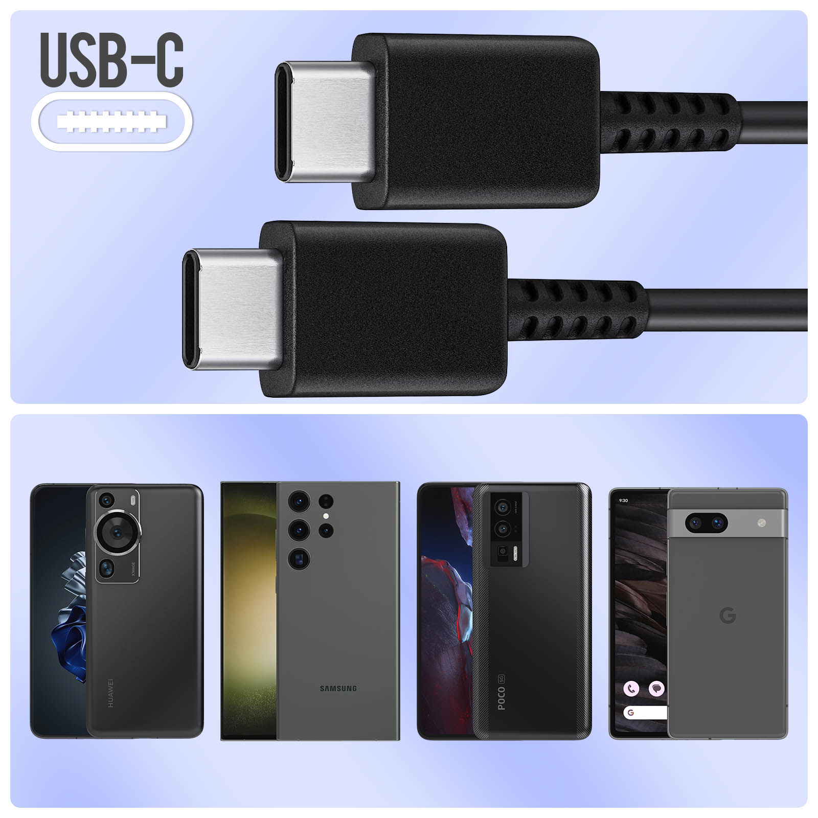 Cavi USB-C e smartphone. Più telefoni di marche diverse. Cavi neri. Sfondo bianco.