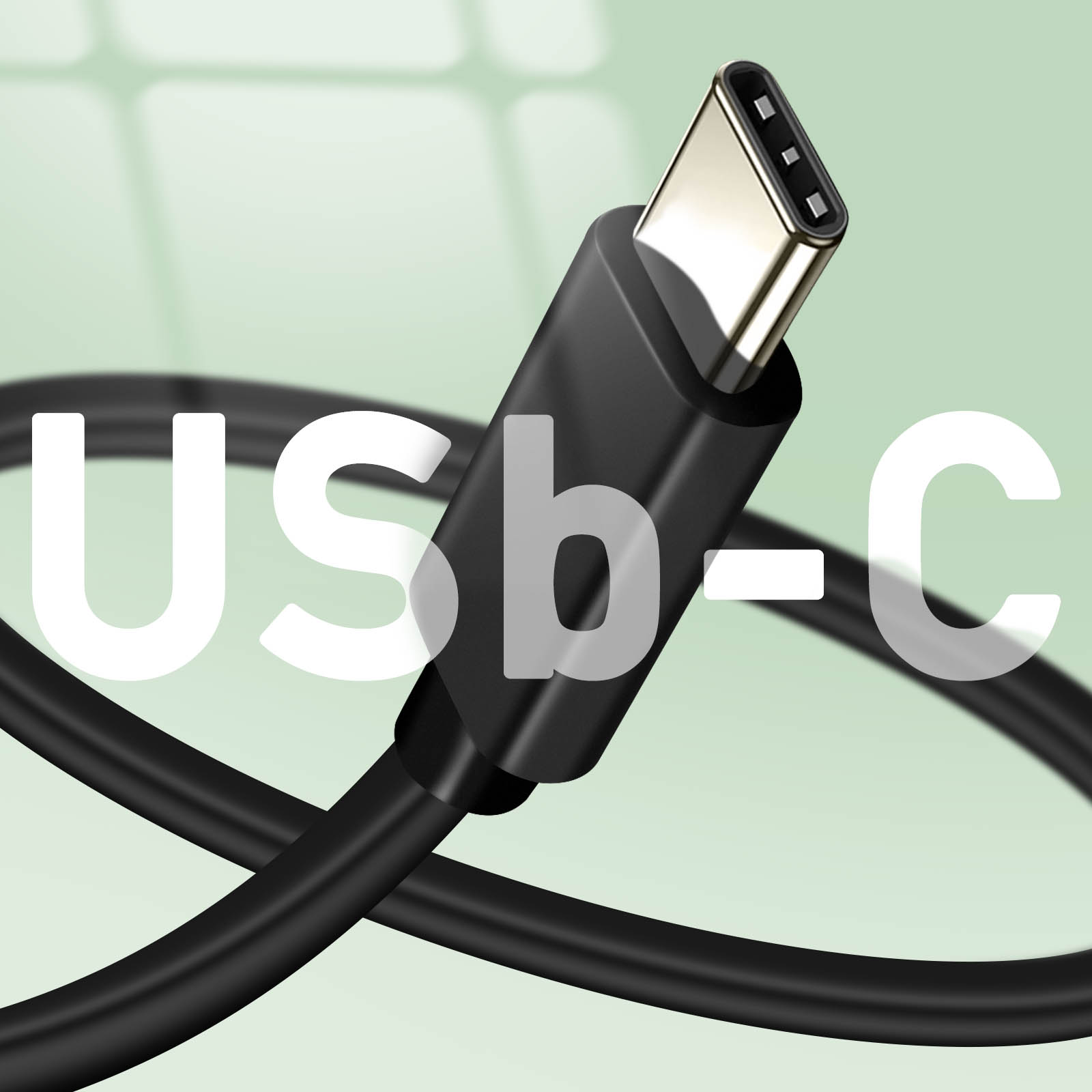 Un cavo USB-C nero con il testo USB-C sovrapposto su uno sfondo verde.