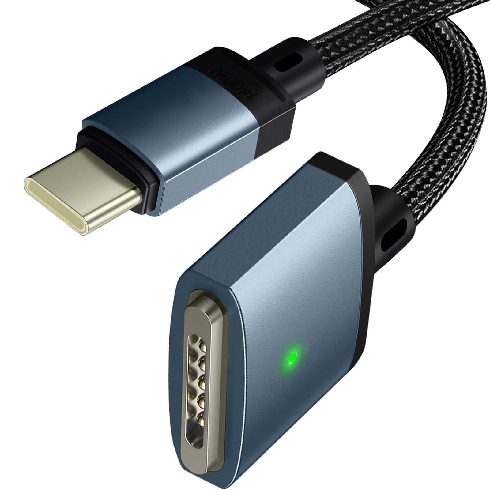 Cavo da USB-C a magnetico con connettore blu e nero. Luce verde visibile.