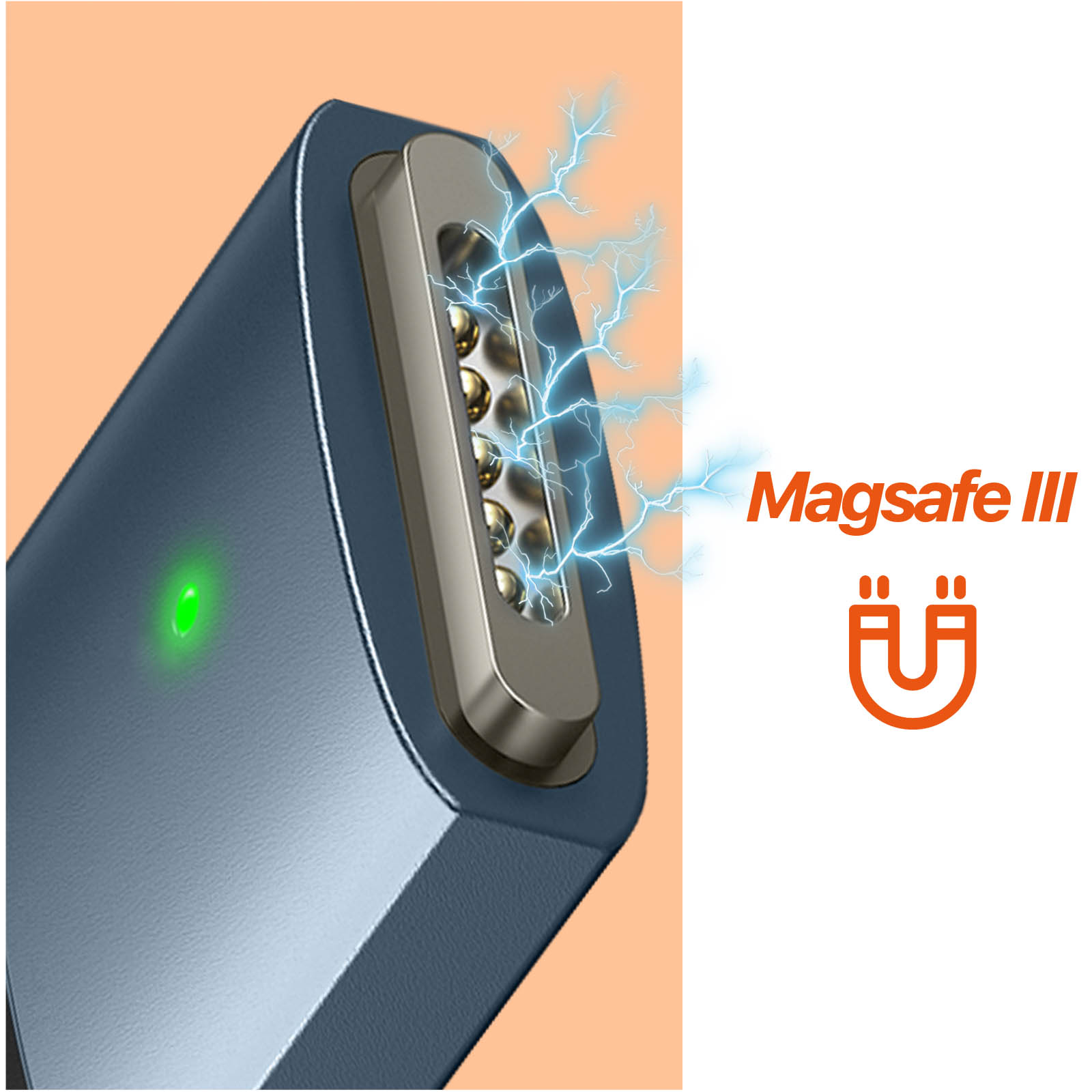 Un primo piano di un connettore MagSafe III blu e argento. I fulmini sono disegnati accanto ad esso.