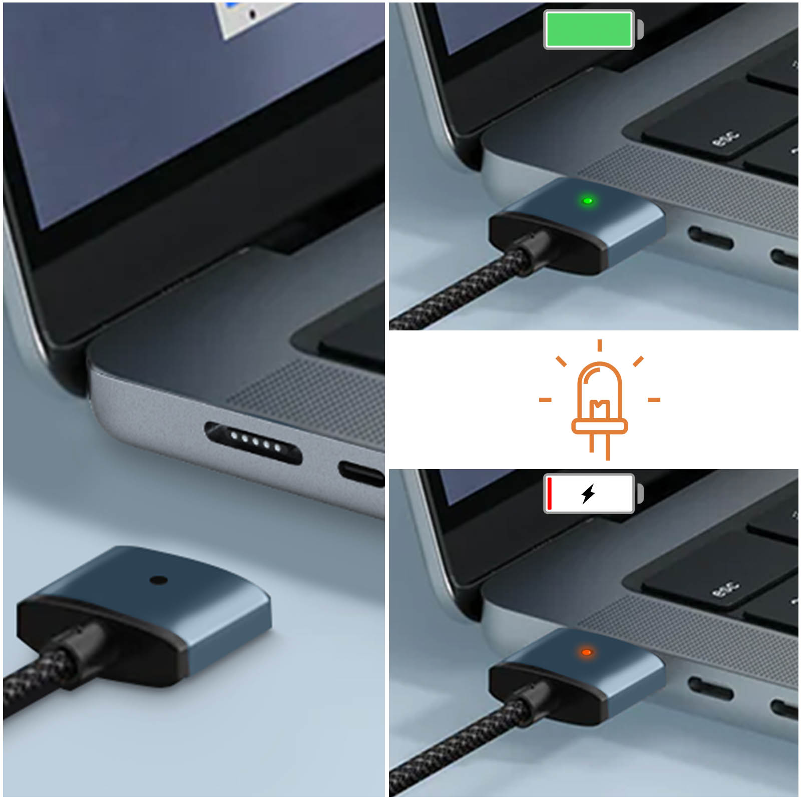Laptop in carica con diversi indicatori LED. Luce verde significa in carica. Luce rossa significa batteria scarica.