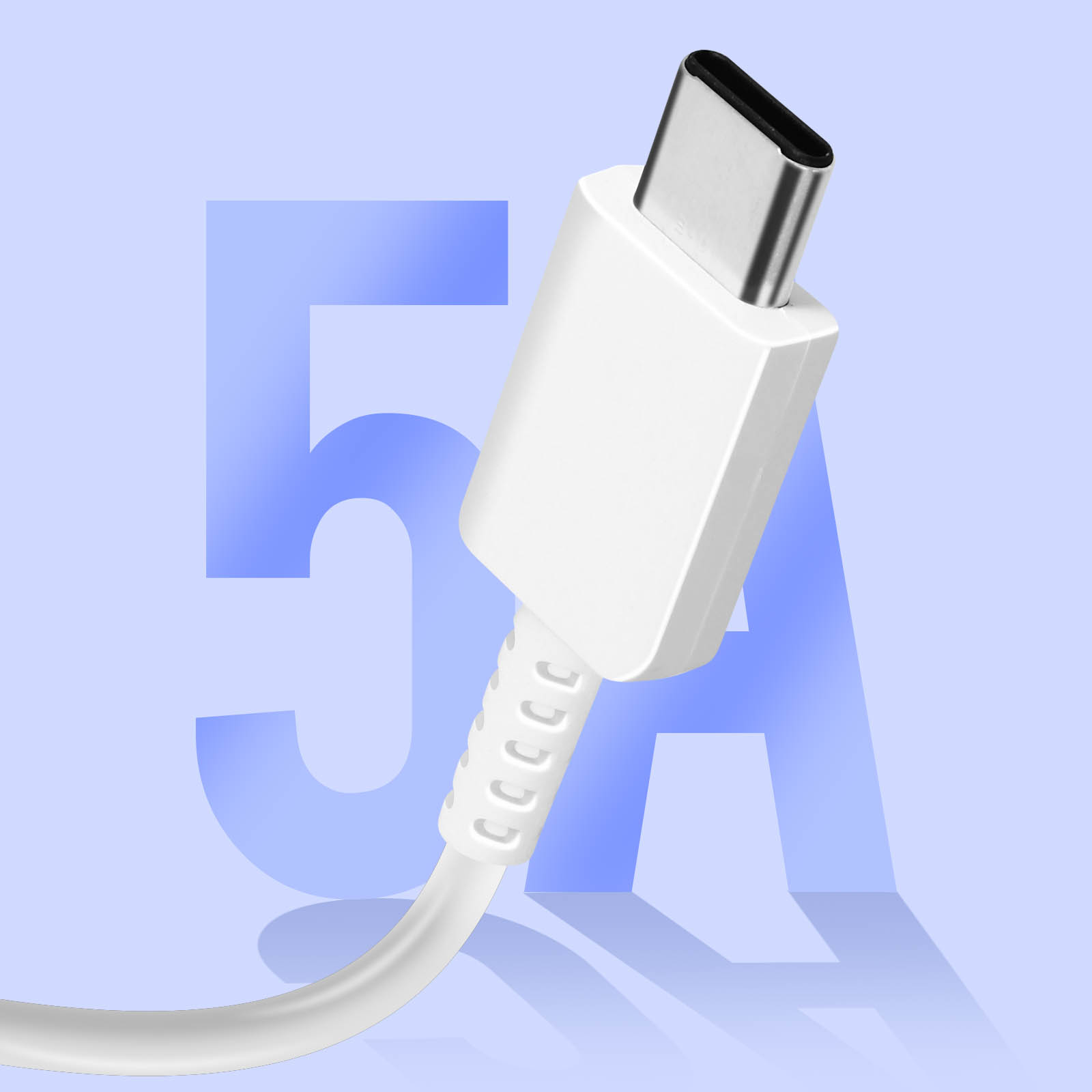 Cavo USB-C bianco con testo 5A blu su sfondo azzurro.