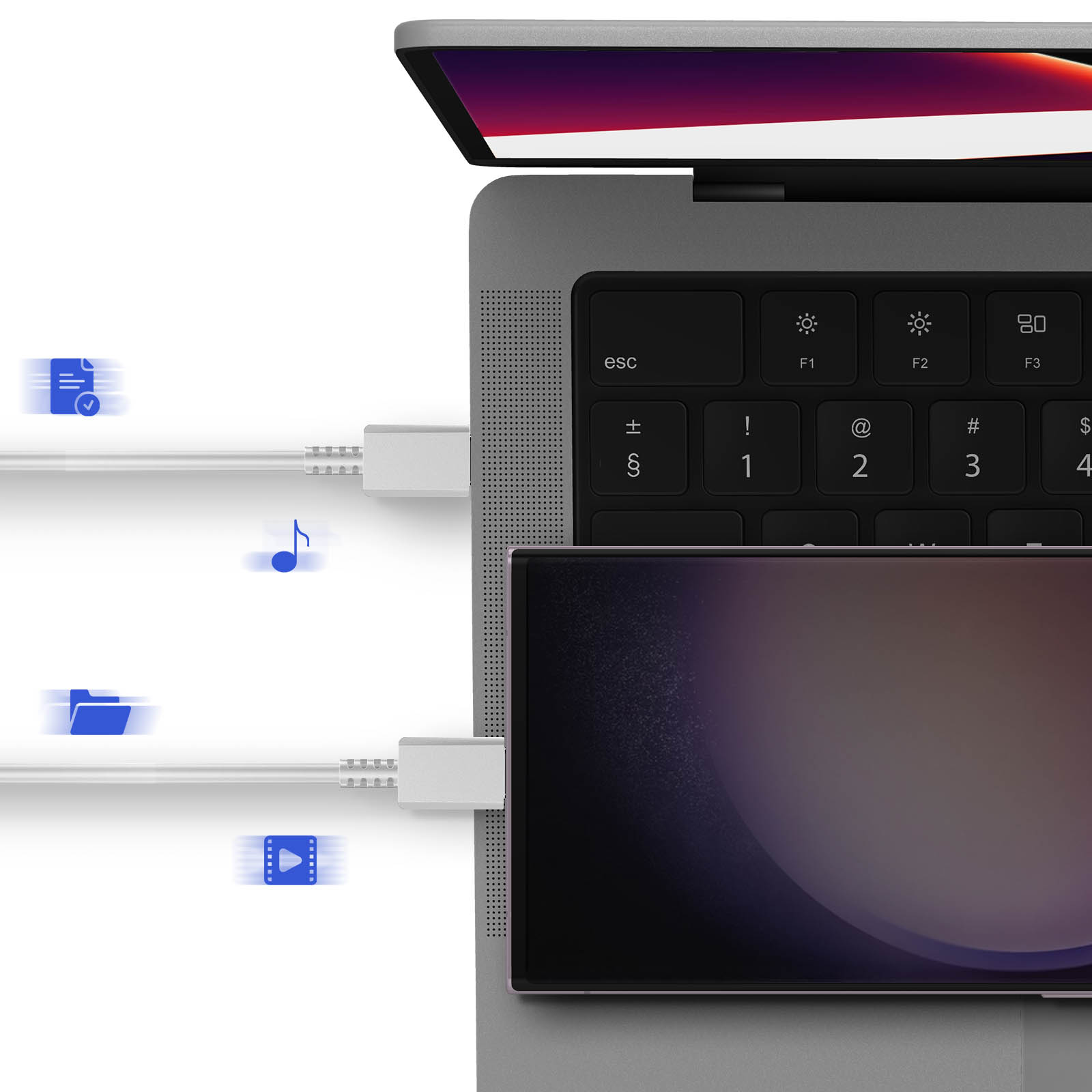 Laptop collegato a un monitor, con icone sullo schermo.