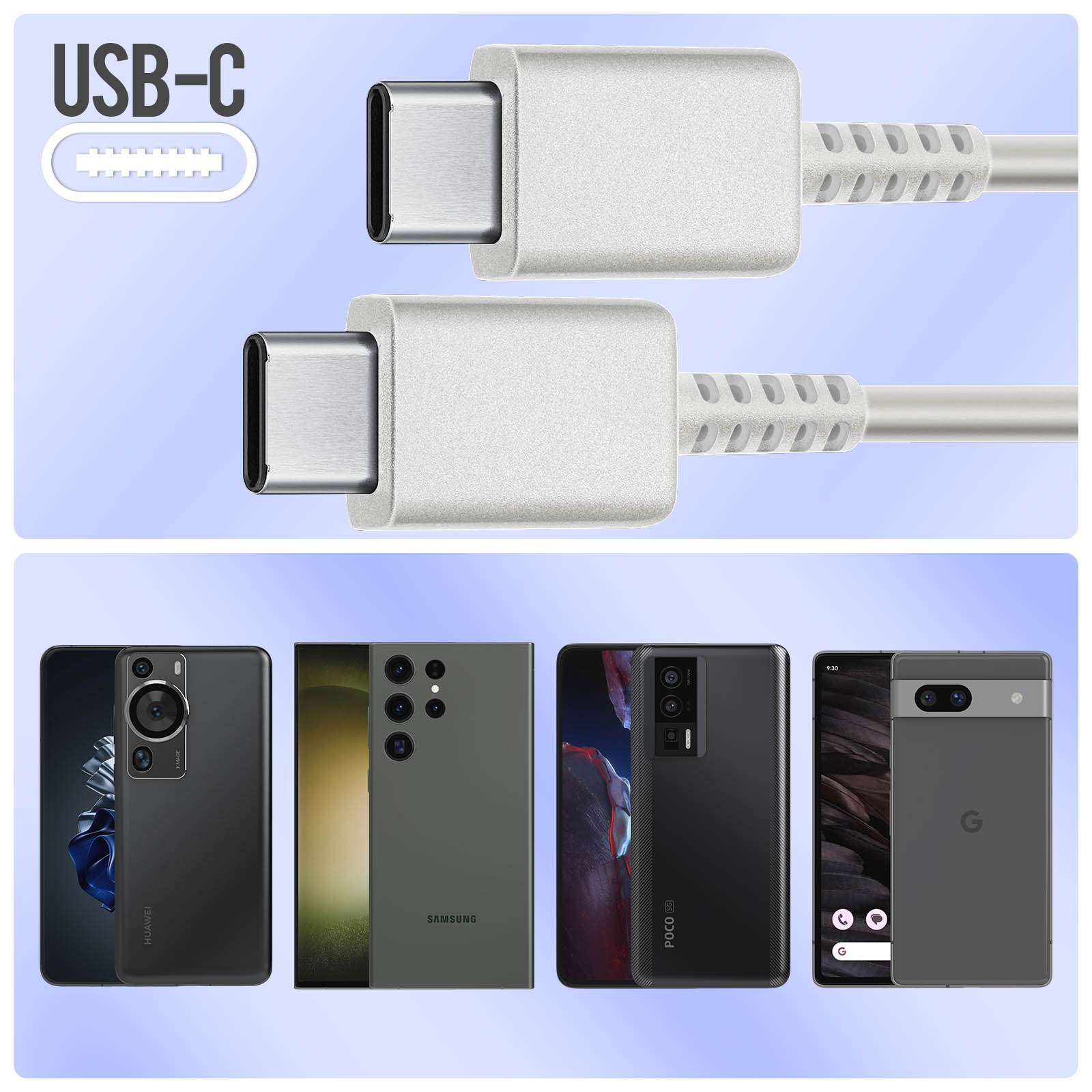 Cavi USB-C e smartphone. I telefoni includono Huawei, Samsung, Poco e Google Pixel.