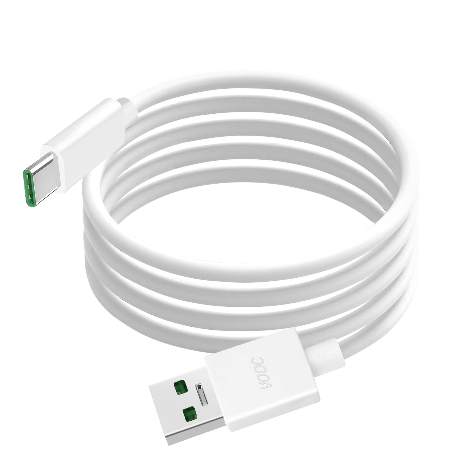 Weißes USB-C-Ladekabel. Das Kabel ist aufgerollt. USB-C-Ende hat grüne Akzente.