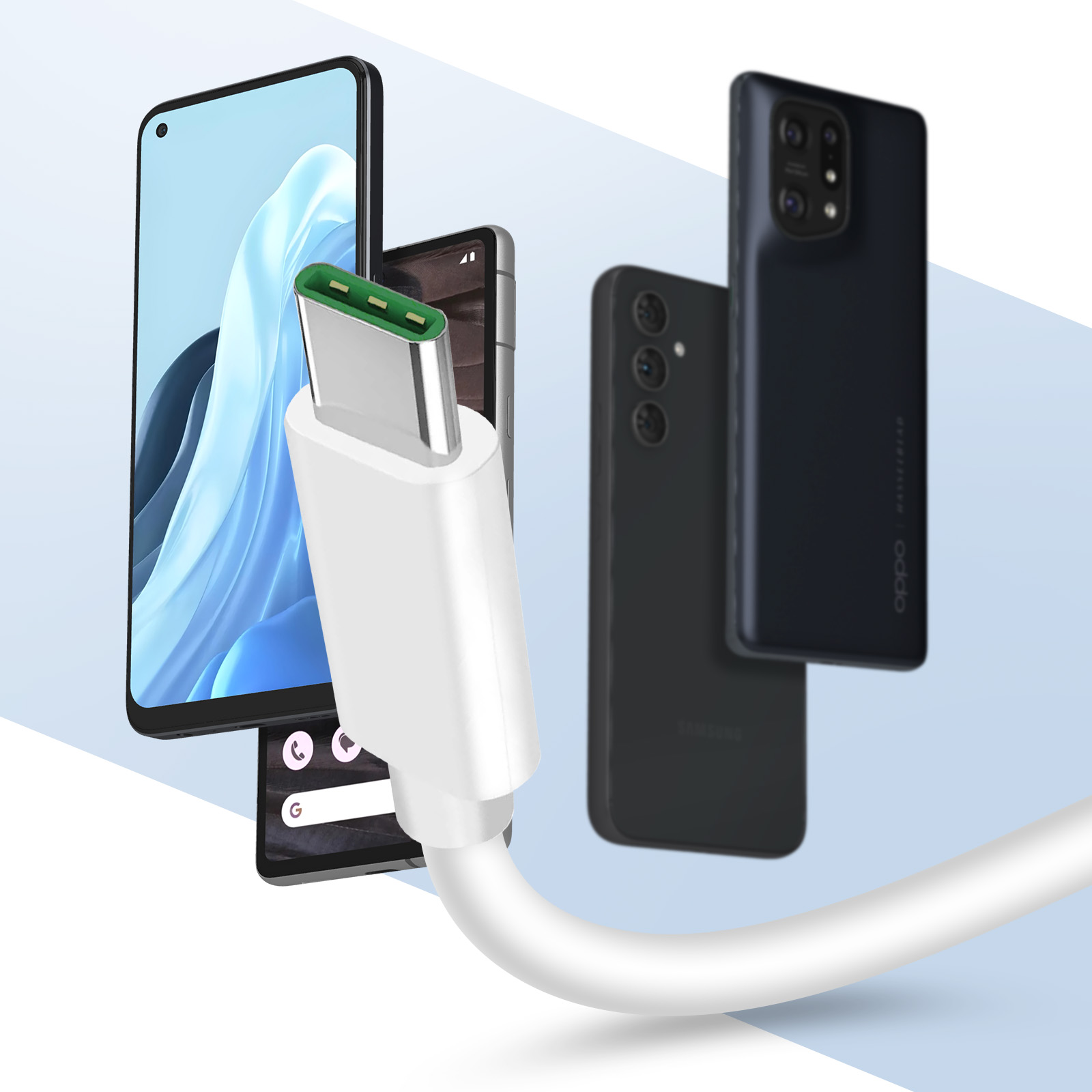 USB-C-Kabel und Telefone. Das Kabel ist weiß. Drei Telefone befinden sich im Hintergrund.