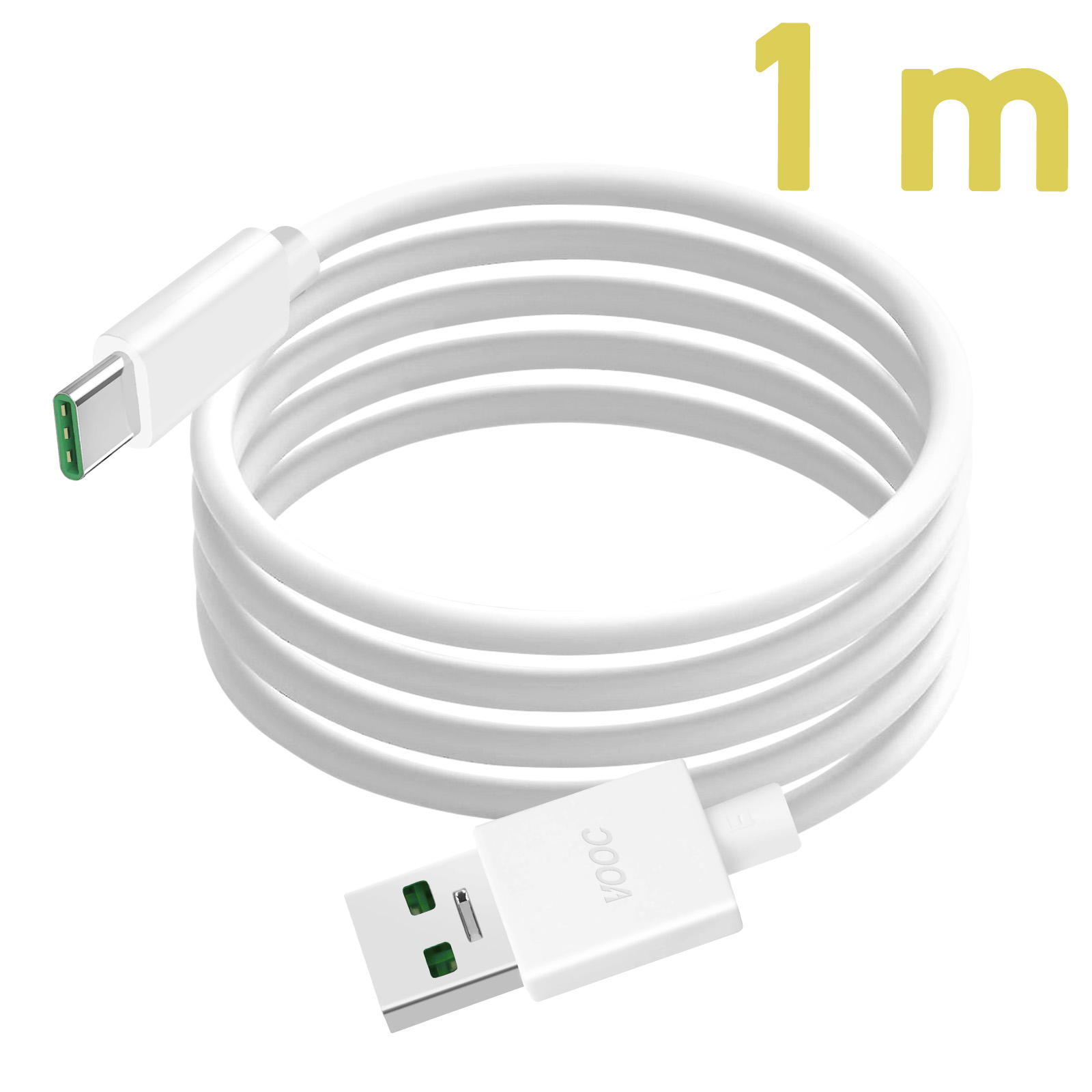 Ein weißes USB-C-Kabel ist aufgerollt. Das Kabel ist mit einem weißen USB und einem grünen USB-C verbunden.