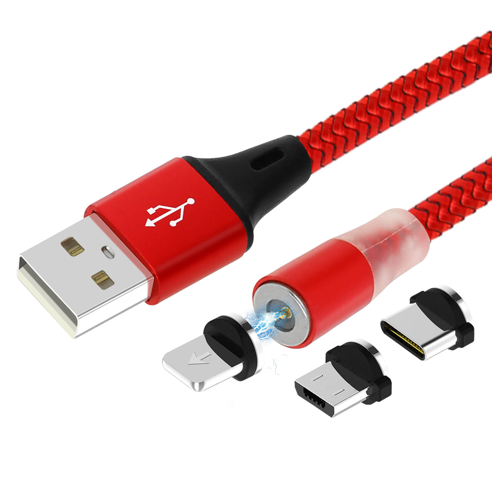 Un cavo USB rosso con adattatori staccabili per più tipi di telefono.