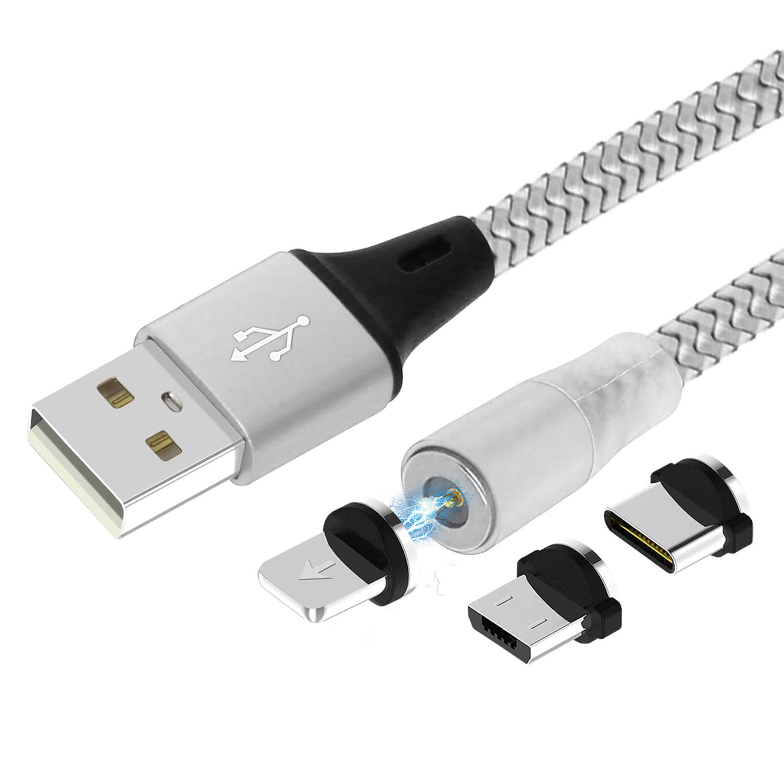 Ein silbernes Ladekabel mit mehreren Spitzen. Lightning-, USB-C- und Micro-USB-Anschlüsse werden gezeigt.