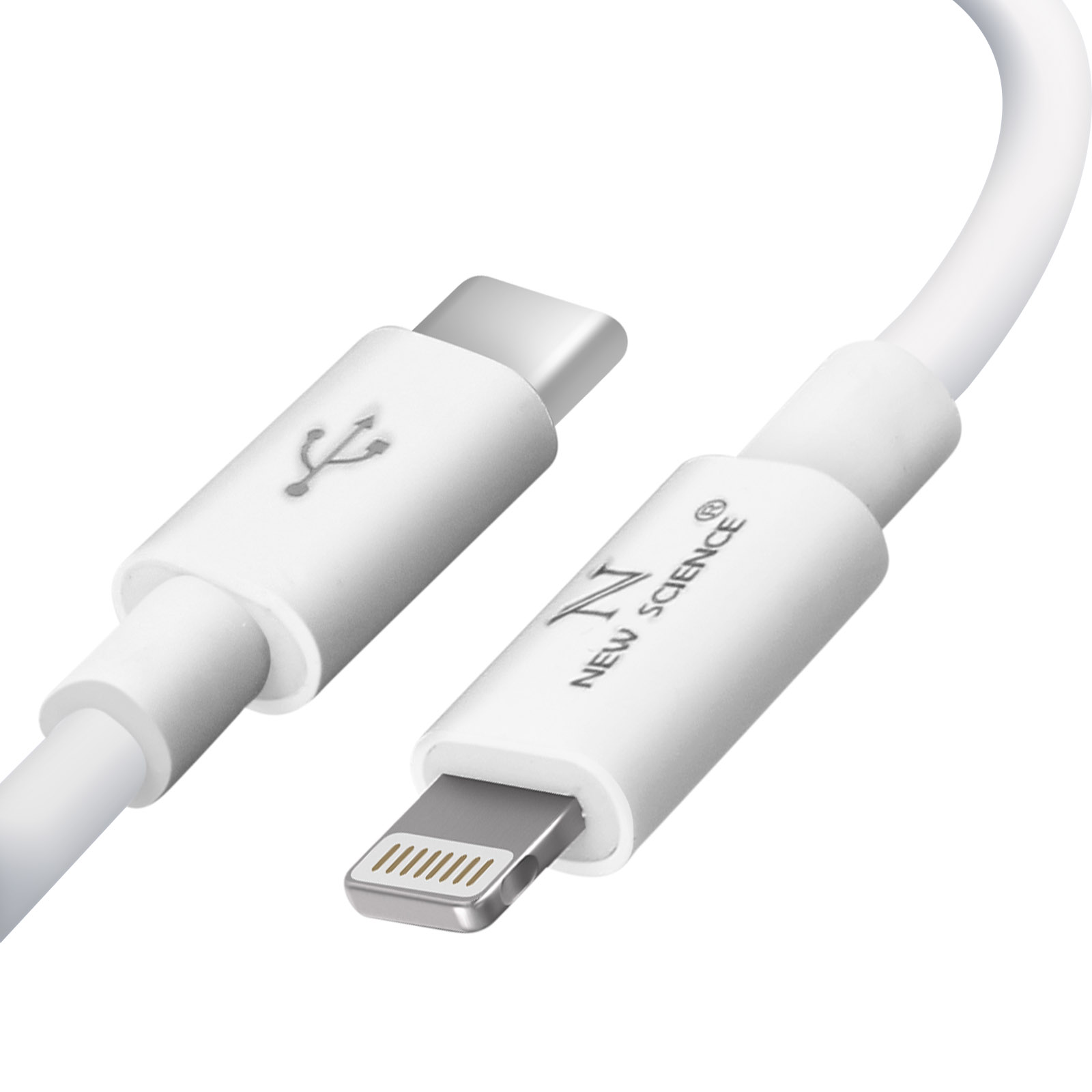 Cavo bianco USB-C a Lightning. Ha un connettore USB-C e un connettore Lightning.