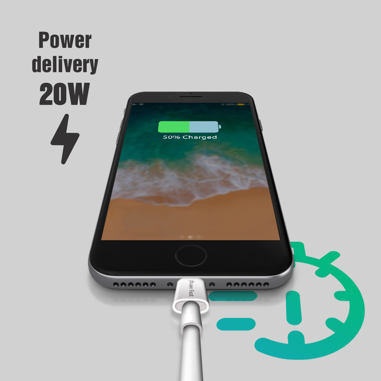 Telefono nero in carica, mostra 50% carica, con fulmine e testo Power Delivery 20W.