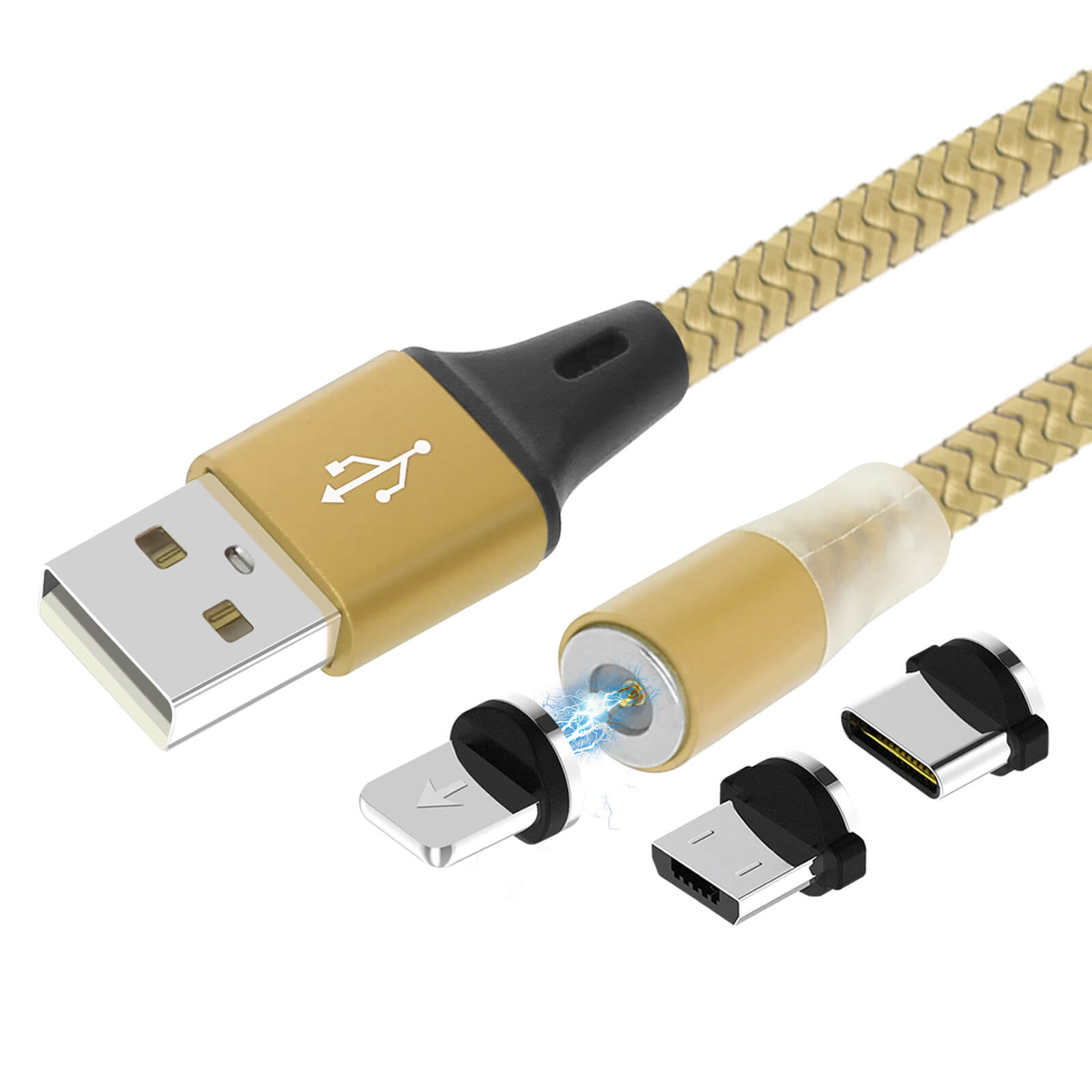 Cavo USB con connettori magnetici multipli, colori oro e nero.