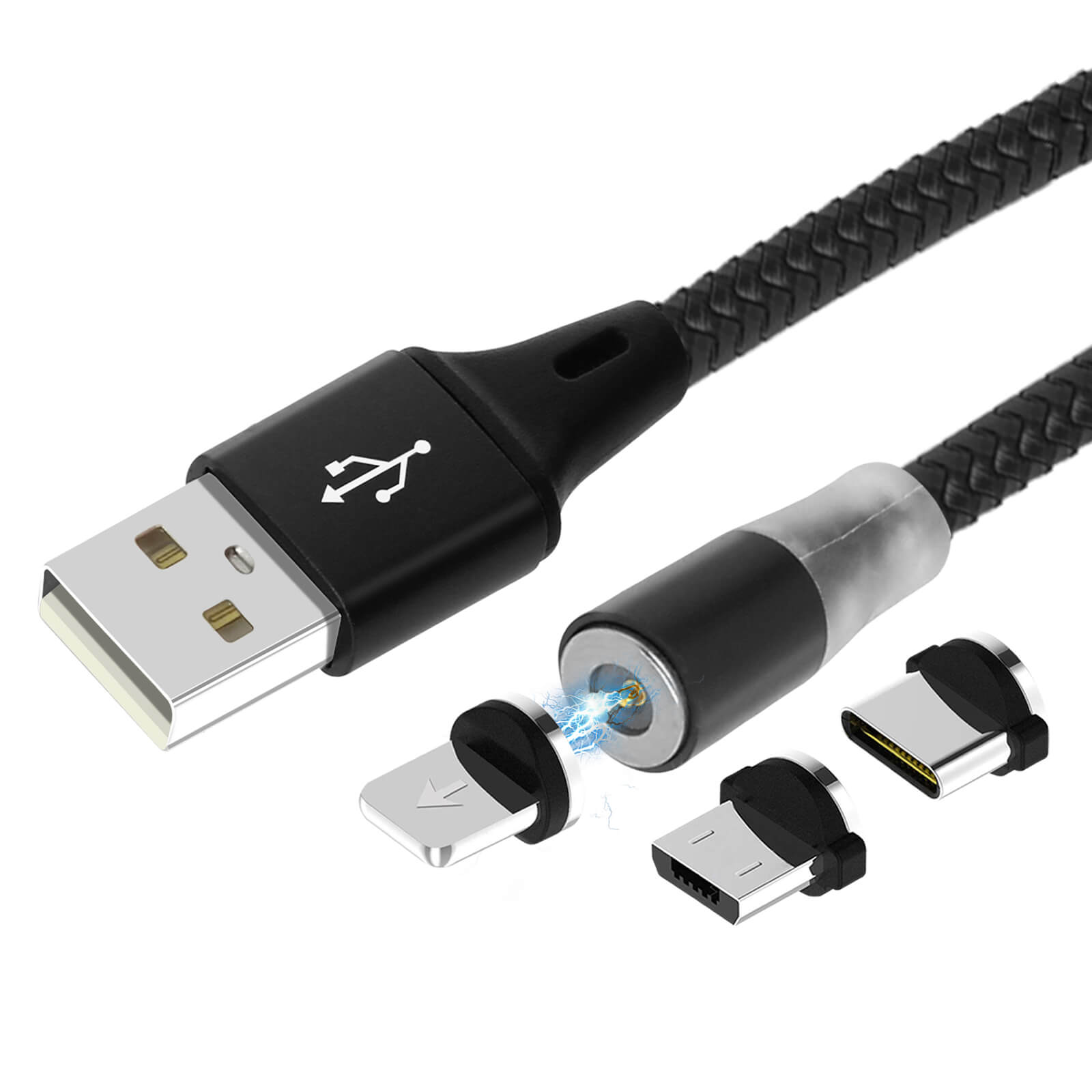 Cavo USB intrecciato nero con tre diverse testine connettore.