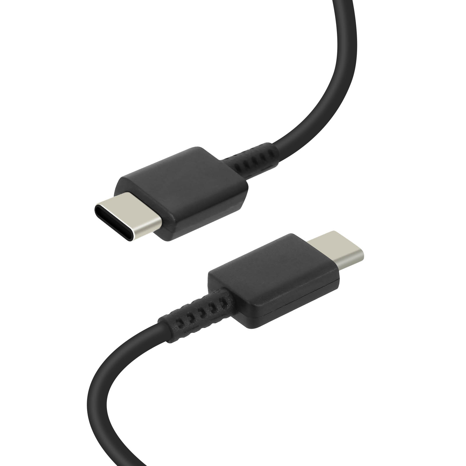 Due cavi USB-C neri. I connettori sono in alto, su sfondo bianco.
