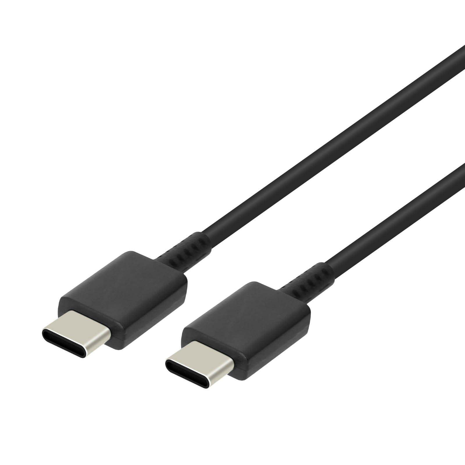 Cavi USB-C neri con connettori su sfondo bianco, primo piano.