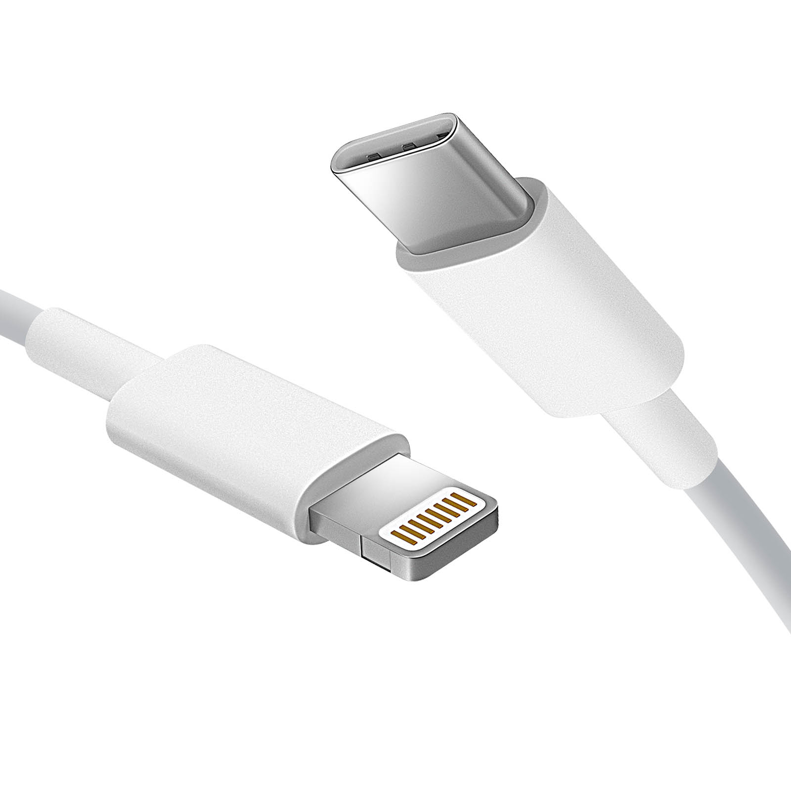 Un cavo USB-C bianco e un cavo Lightning. Entrambi sono bianchi, con connettori visibili.
