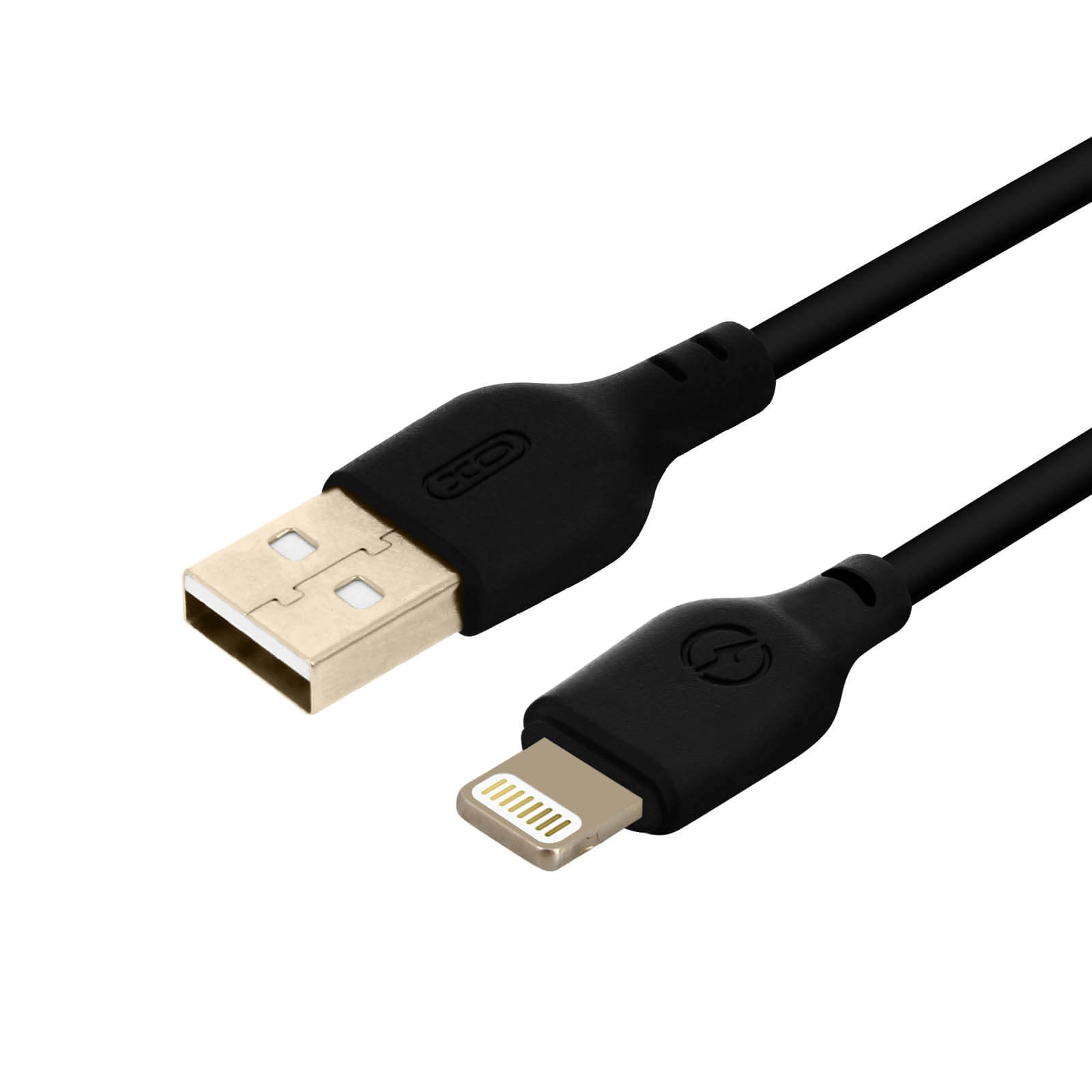 Cavo USB a Lightning nero. Estremità USB e Lightning visibili.
