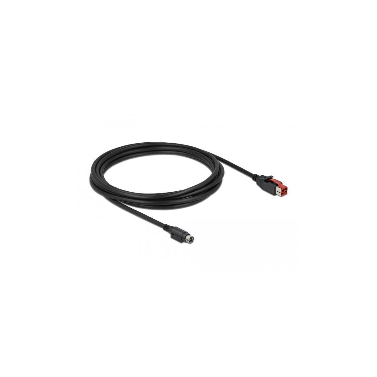 Un cavo nero con un connettore DIN maschio e un connettore RJ45 rosso, isolato su sfondo bianco.