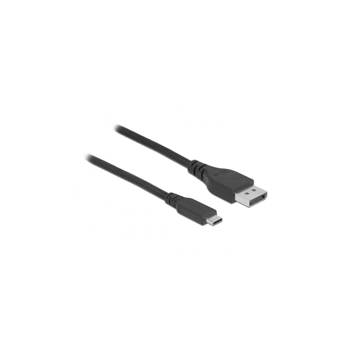 Schwarzes USB-C-auf-DisplayPort-Kabel auf weißem Hintergrund.