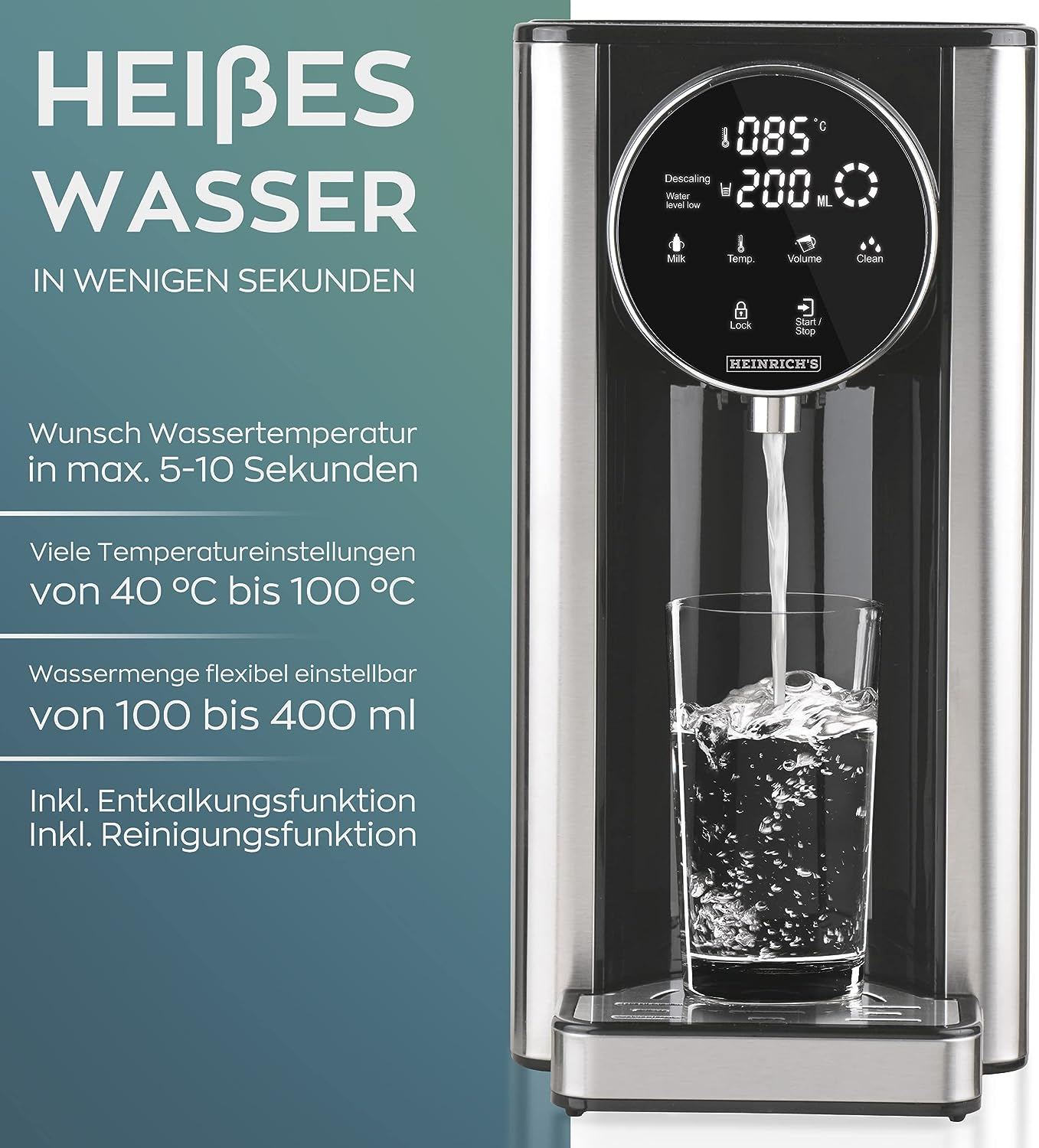 Ein silberner und schwarzer Heißwasserspender mit einem Glas und Text. Das Display zeigt die Temperatur und das Volumen an.