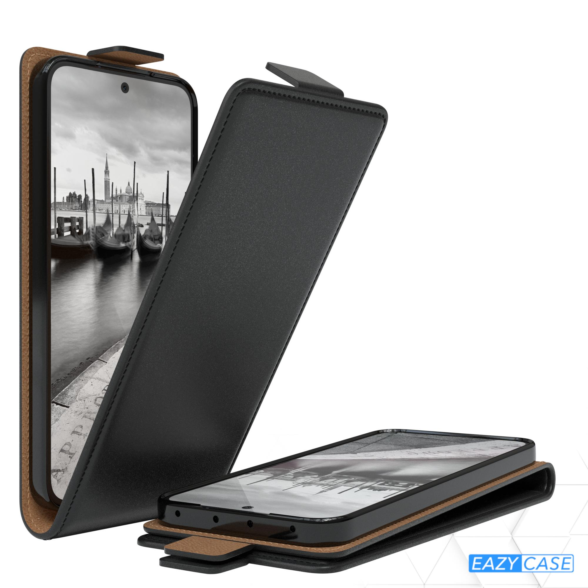 Schwarze Smartphone-Hülle mit Telefon im Inneren und an der Seite, beide zeigen den Bildschirm.
