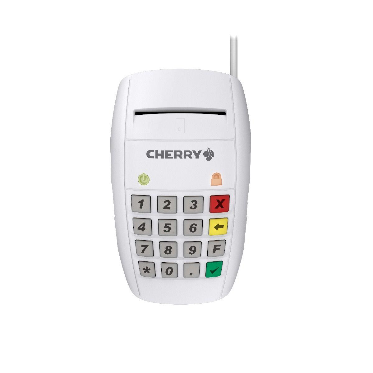 Weißes Cherry-Zahlungsterminal mit numerischer Tastatur, Tasten und kleiner Antenne. Weißer Hintergrund.