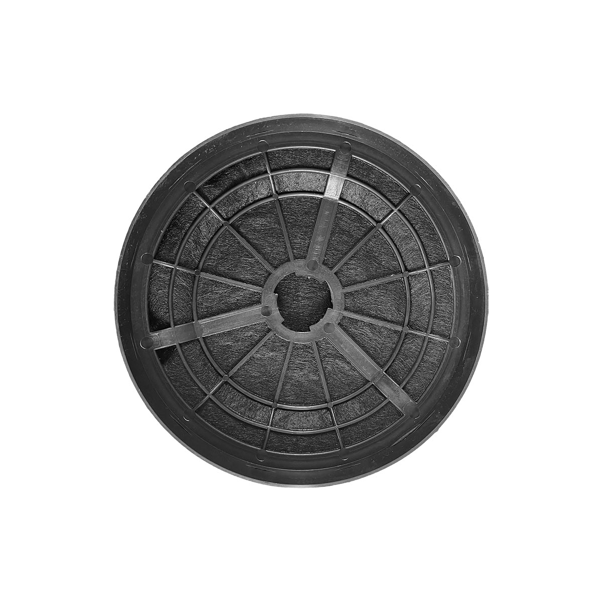 Ein kreisförmiger schwarzer Küchenfilter mit Maschendesign. Er hat eine zentrale Öffnung und befindet sich auf weißem Hintergrund.
