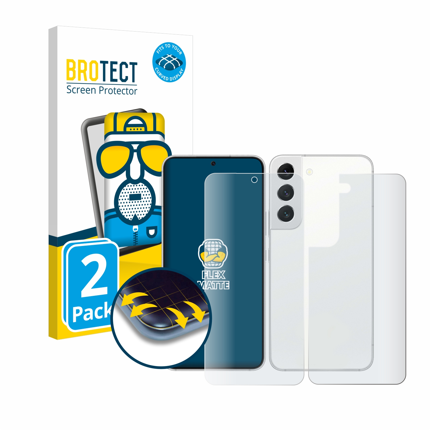 Brotect Displayschutzbox mit Telefon und Displayschutz. Auf der Box ist ein gebogenes Display abgebildet.