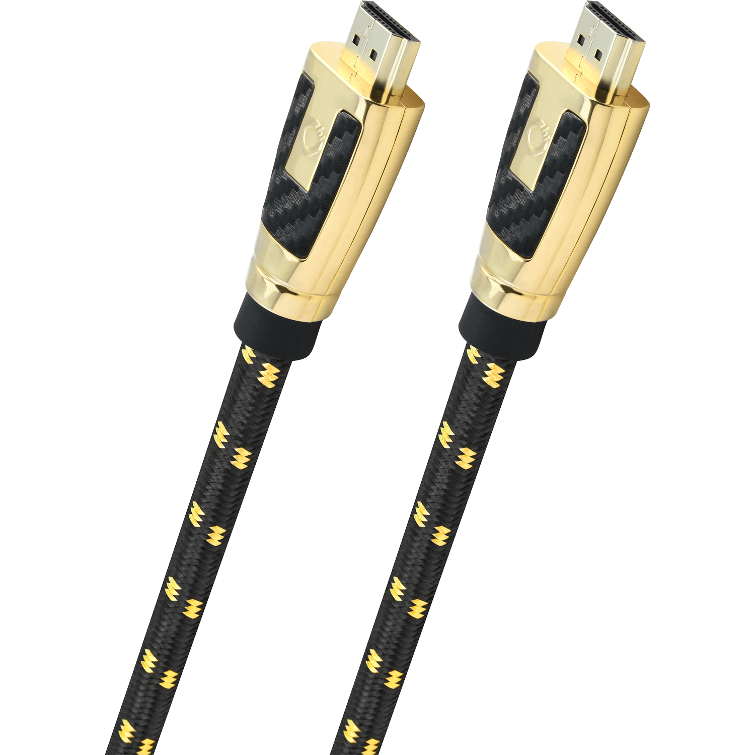 Zwei HDMI-Kabel, goldene Stecker und schwarze Kabel mit gelben Akzenten, auf schwarzem Hintergrund.